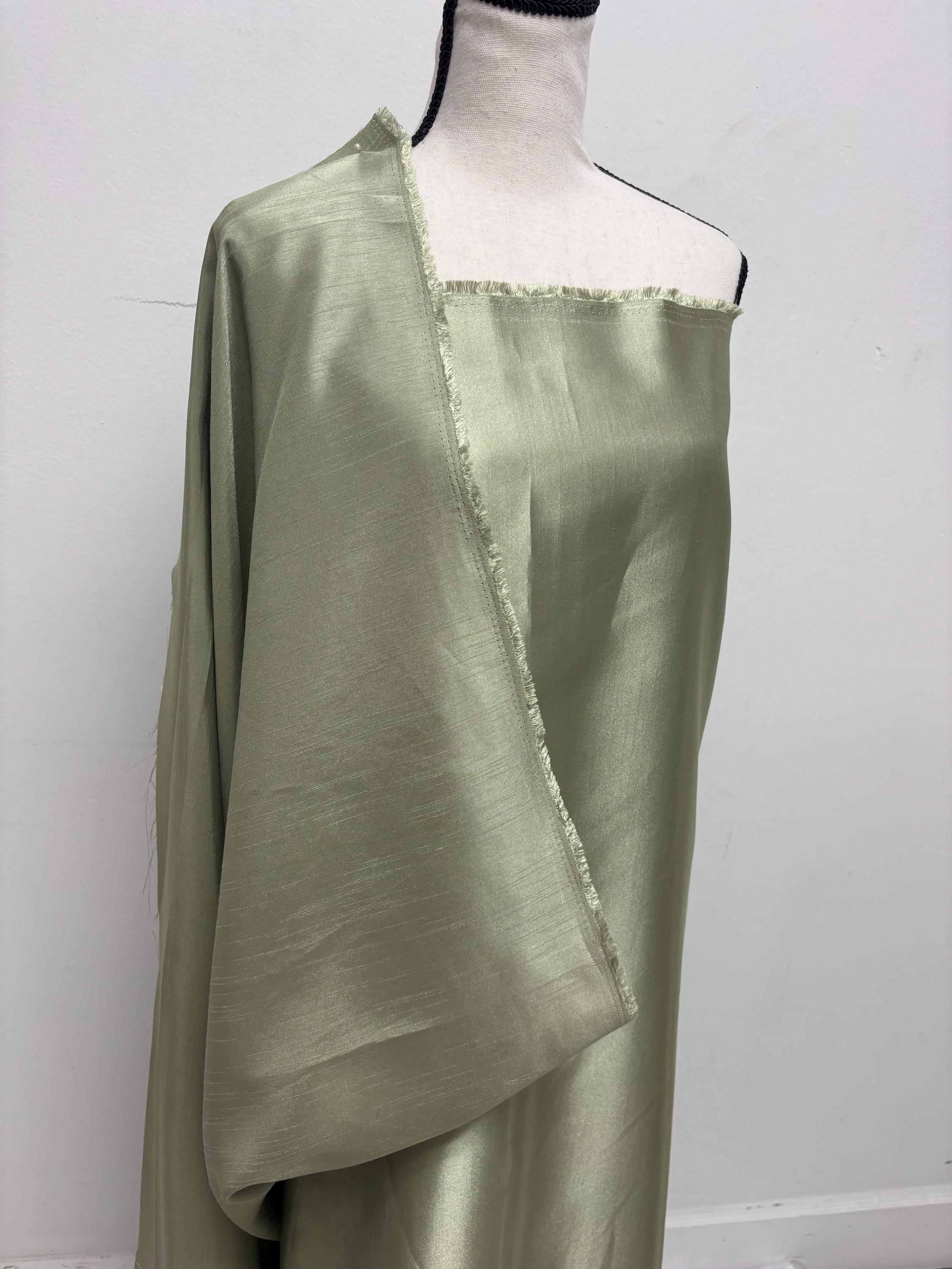 Sage color satin shantung Fabric width 58" polyester double sided dull and shiny.