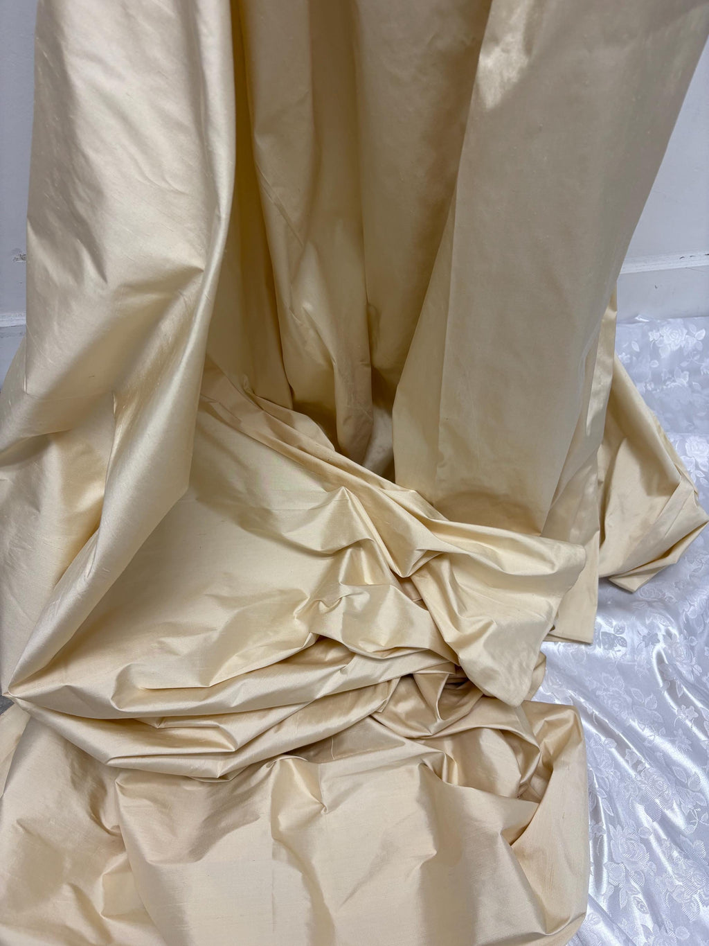 100% silk Dupioni Taffeta 2 1/4 yards cut width 54" color Dark Champagne. Fabric has slubbed. Check description. item #1196