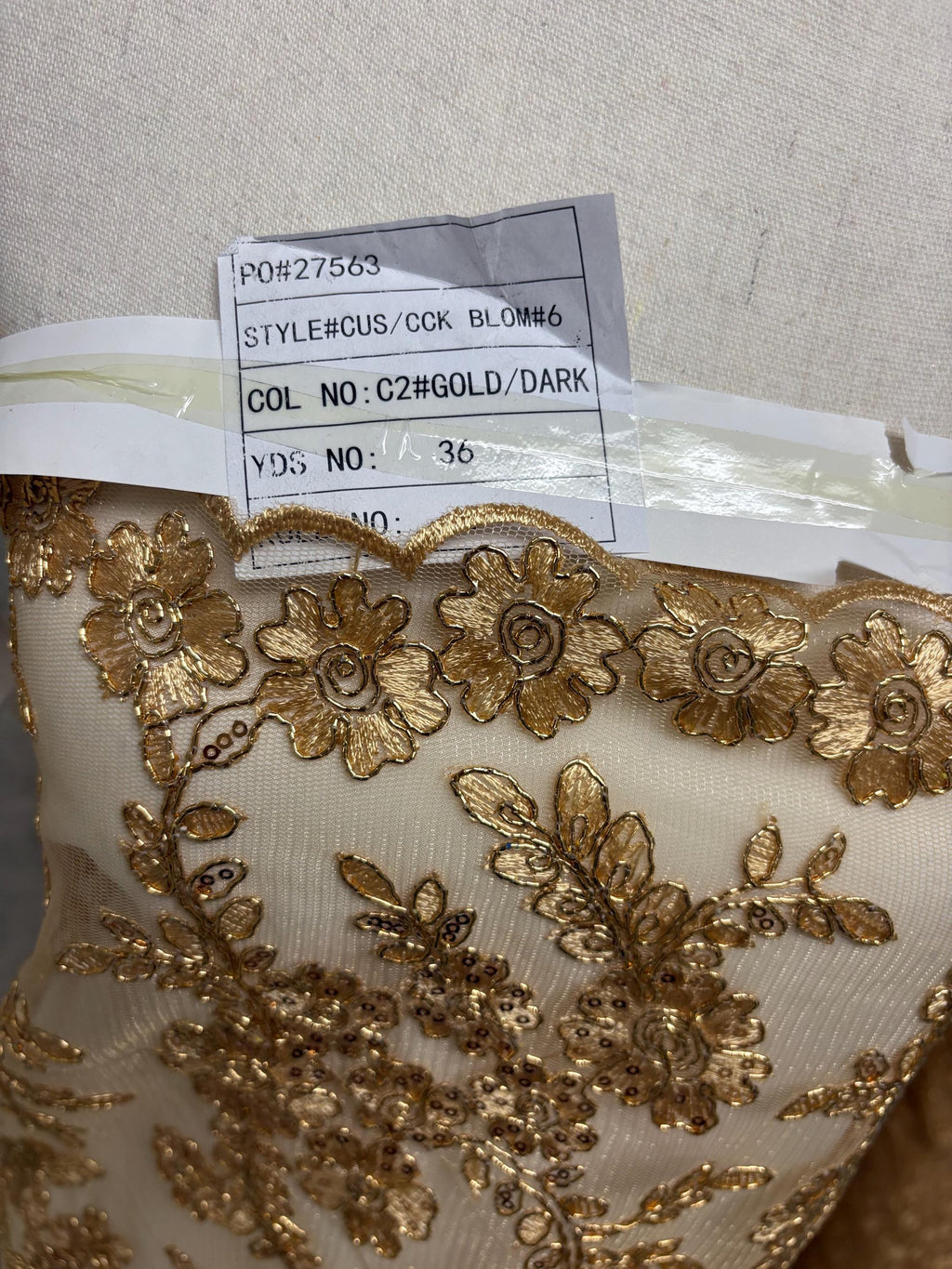D. Gold Lace fabric design bloom 6 width 49", Double scalloped sequence embroidery.