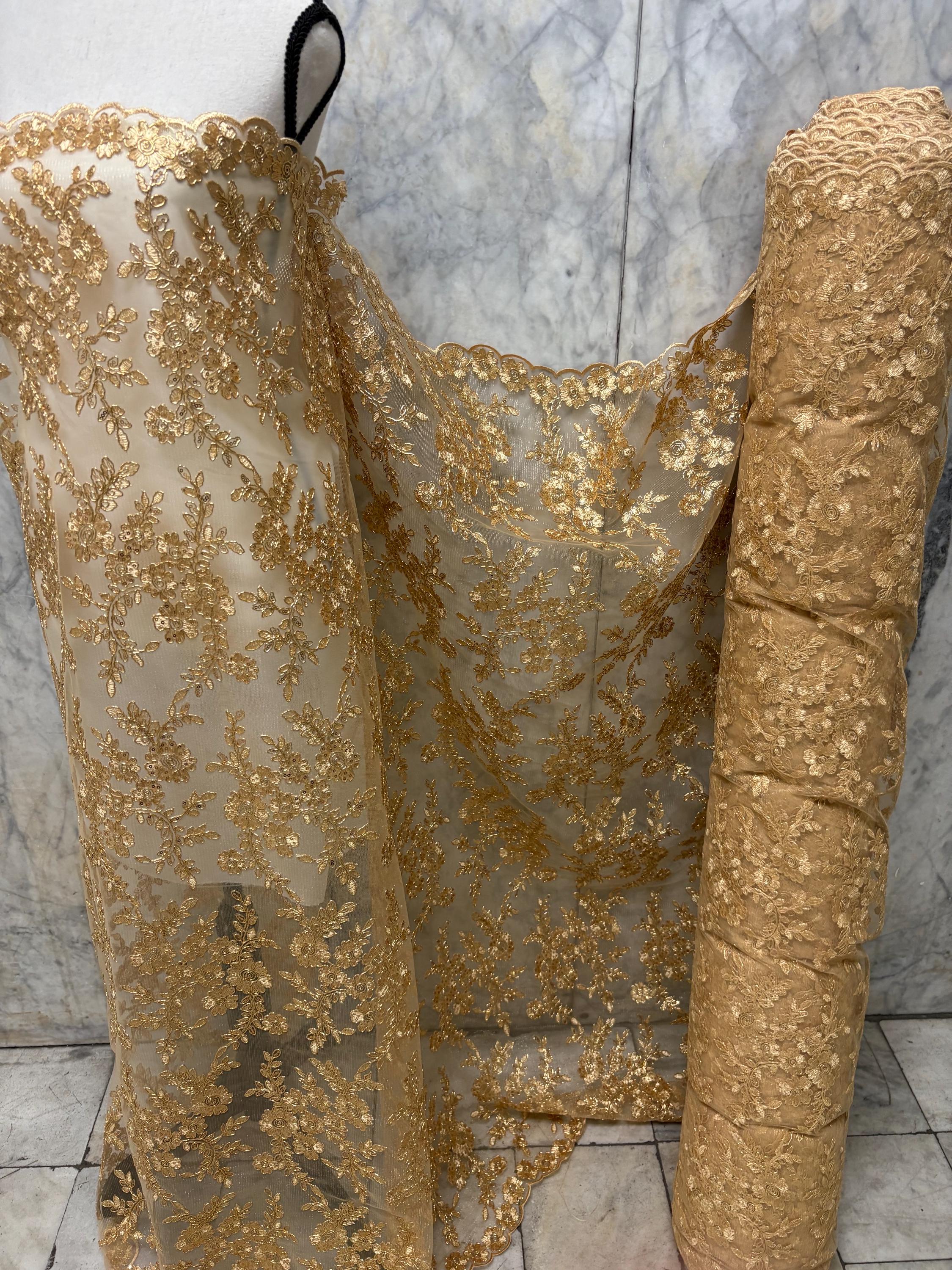 D. Gold Lace fabric design bloom 6 width 49", Double scalloped sequence embroidery.