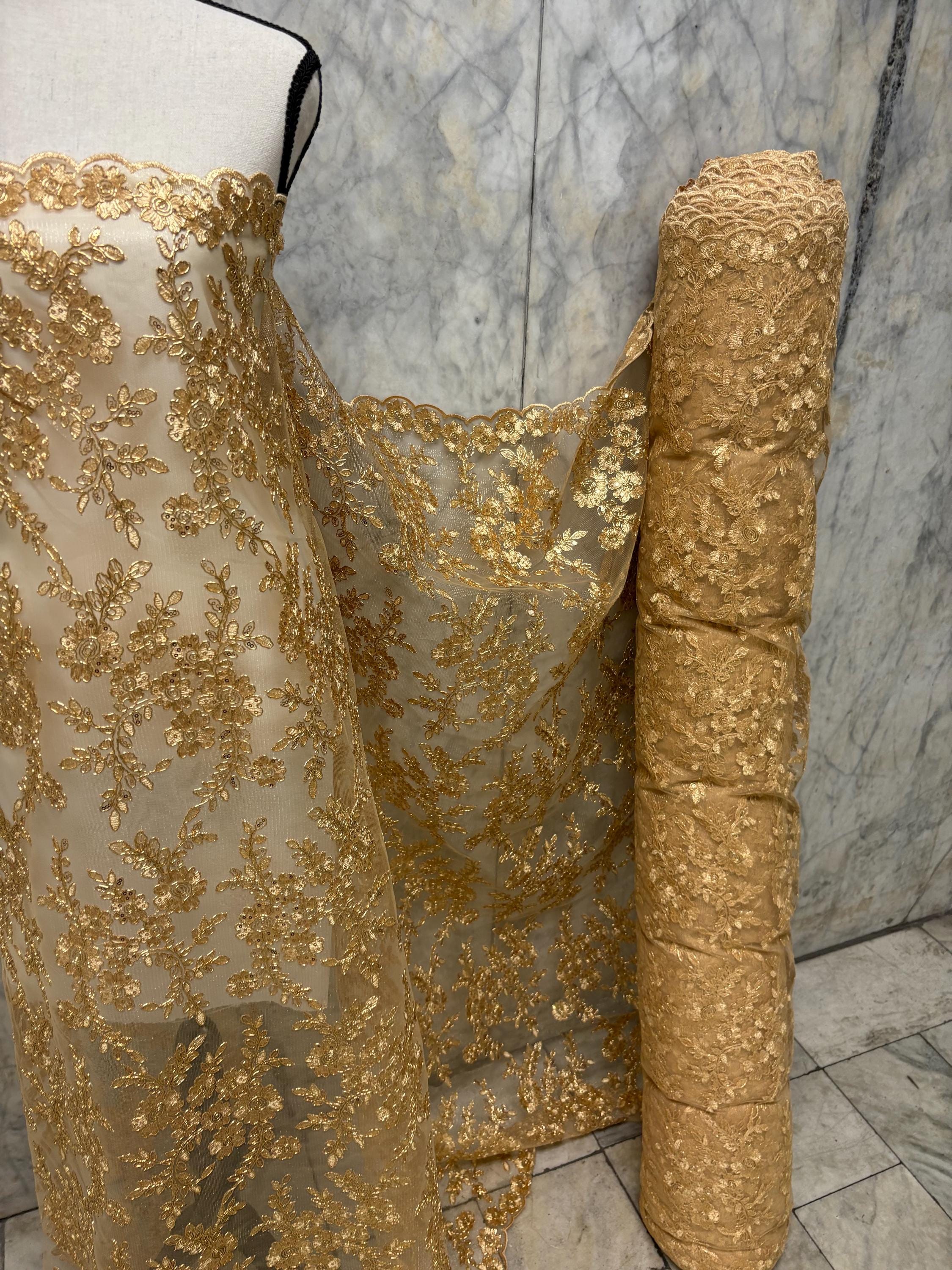 D. Gold Lace fabric design bloom 6 width 49", Double scalloped sequence embroidery.