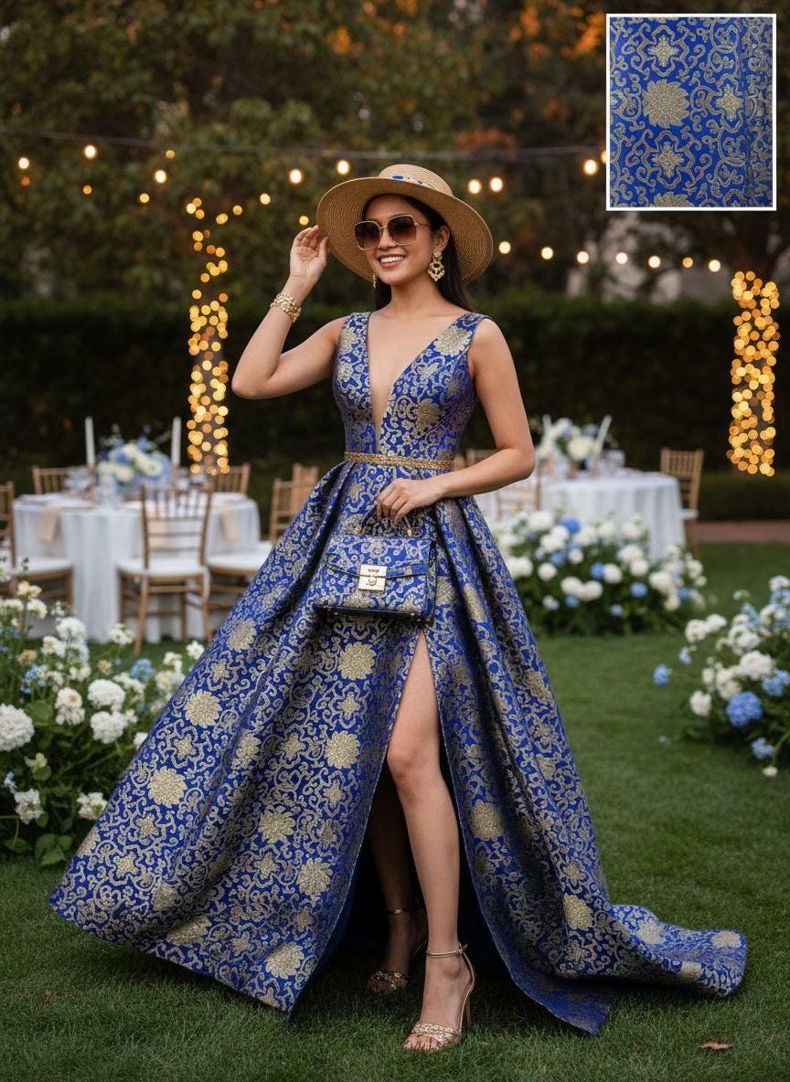 Asian Satin Brocade Fabric - Royal - 36" Width