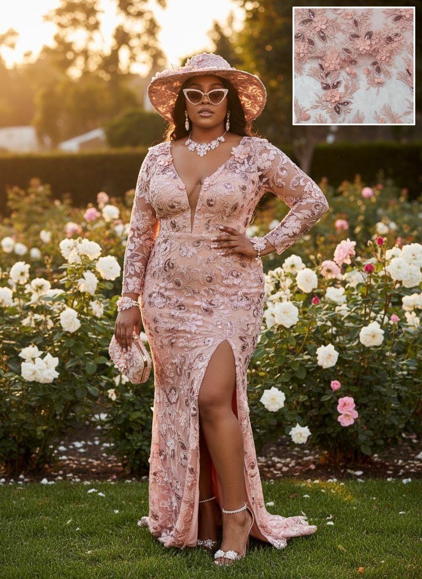 Pink Lace fabric design 3D sequence embroidery double escalope width 49/50". sell by 1 yard increment.