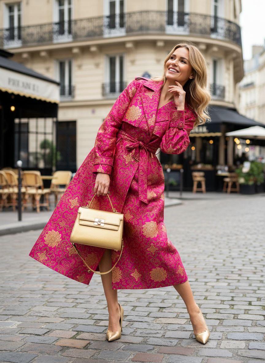 Fuchsia and gold brocade fabric, 36” wide – also known as Asian satin or Oriental Chinese embroidered brocade.