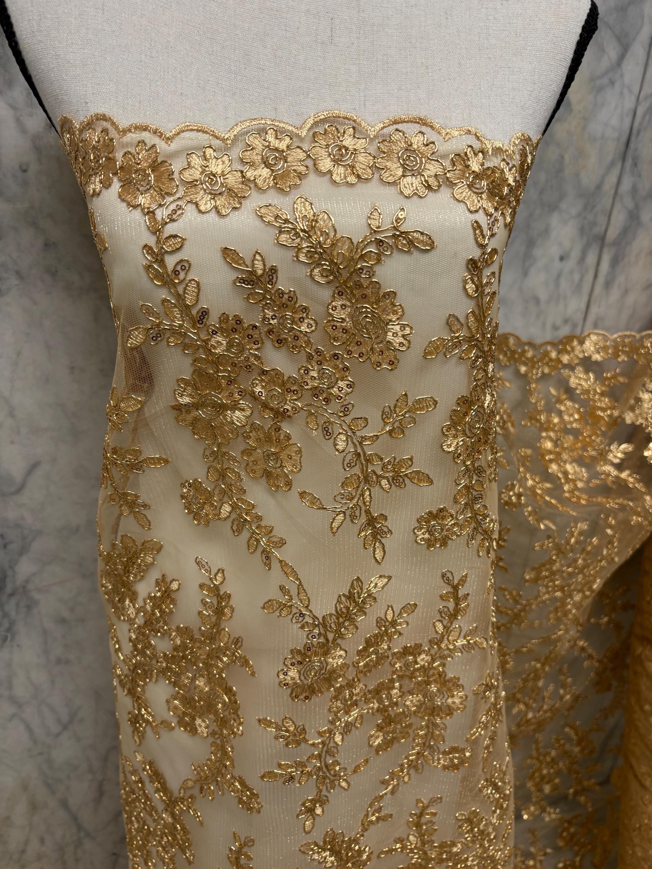 D. Gold Lace fabric design bloom 6 width 49", Double scalloped sequence embroidery.