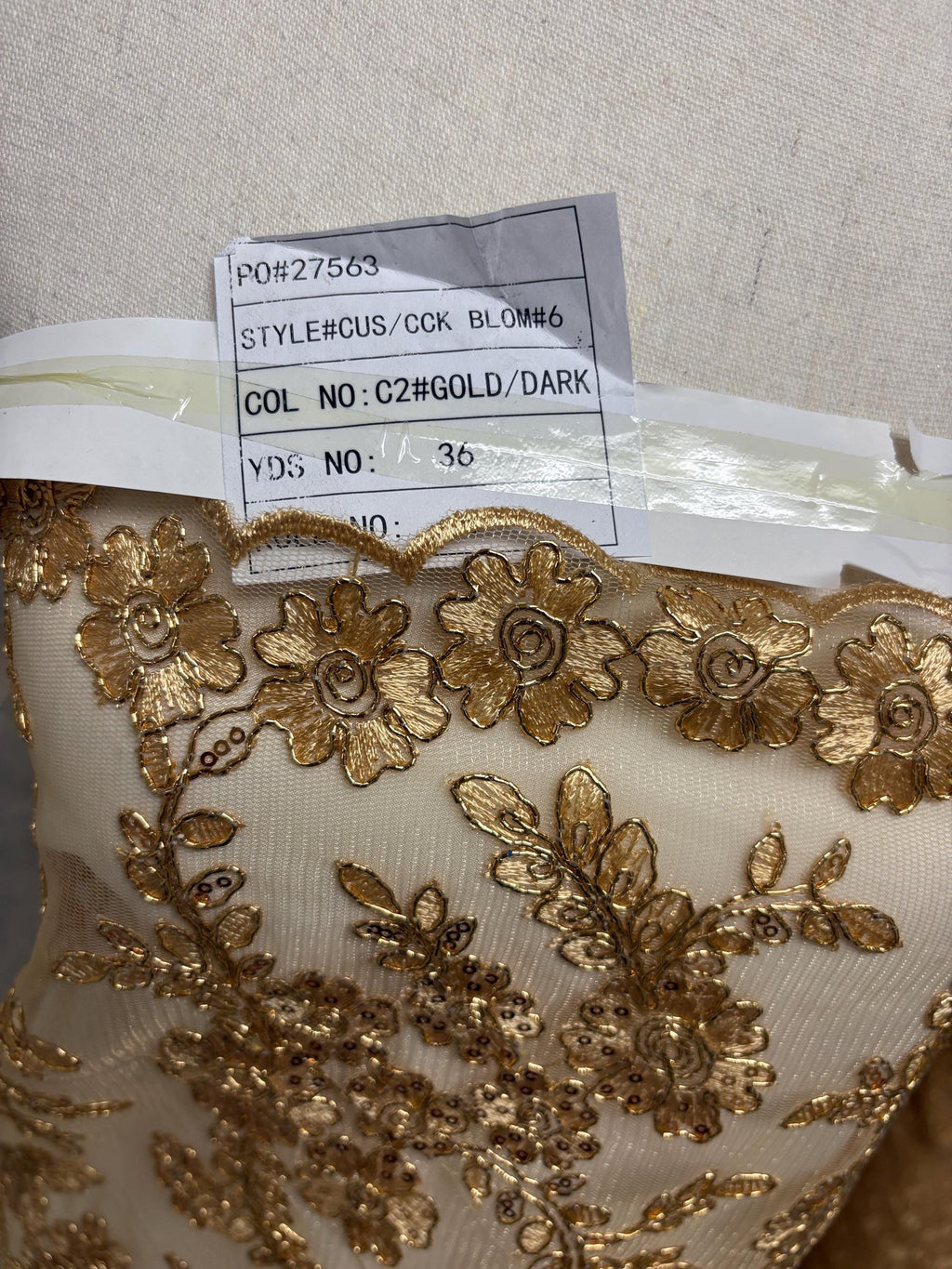D. Gold Lace fabric design bloom 6 width 49", Double scalloped sequence embroidery.