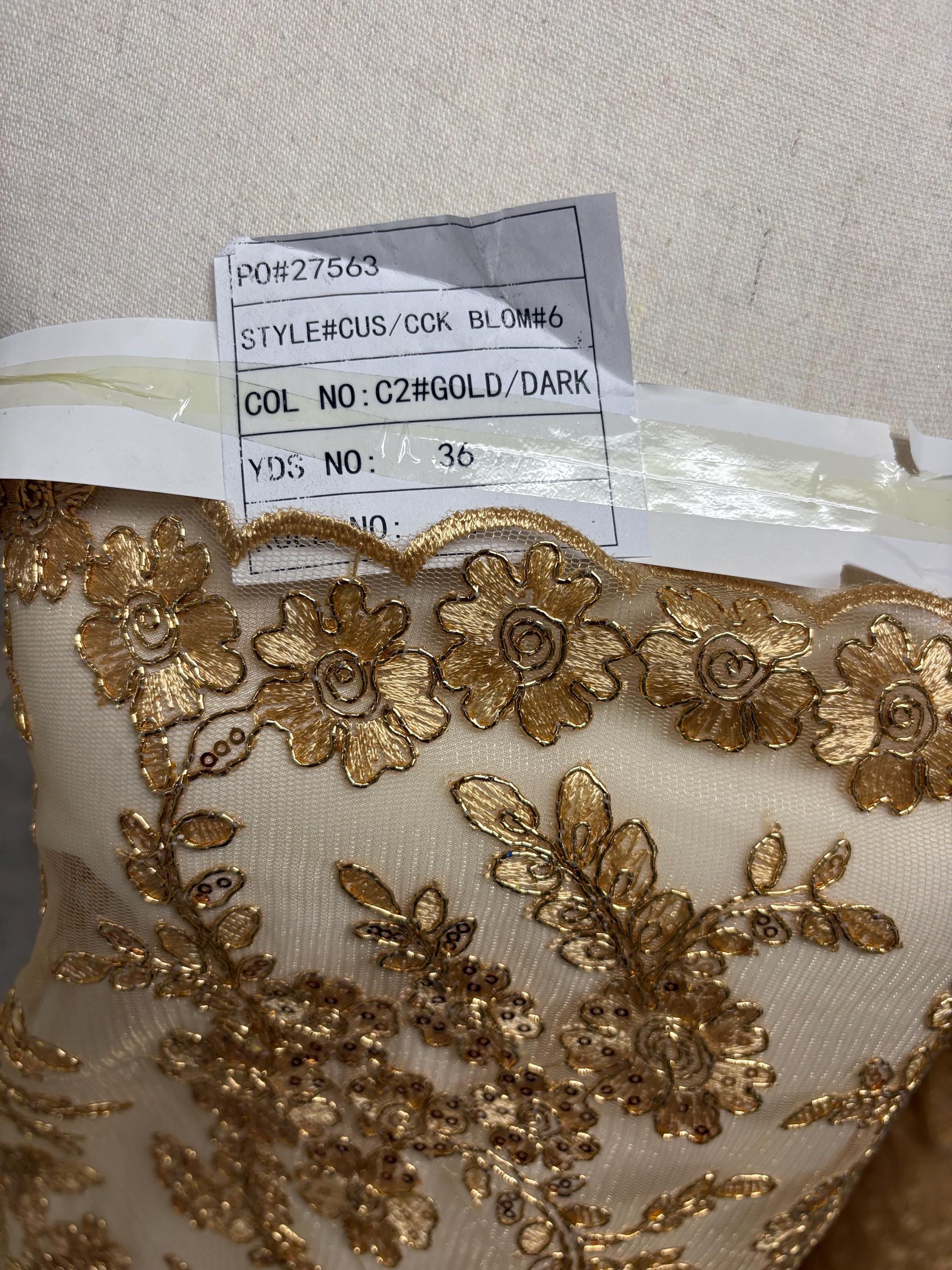 D. Gold Lace fabric design bloom 6 width 49", Double scalloped sequence embroidery.