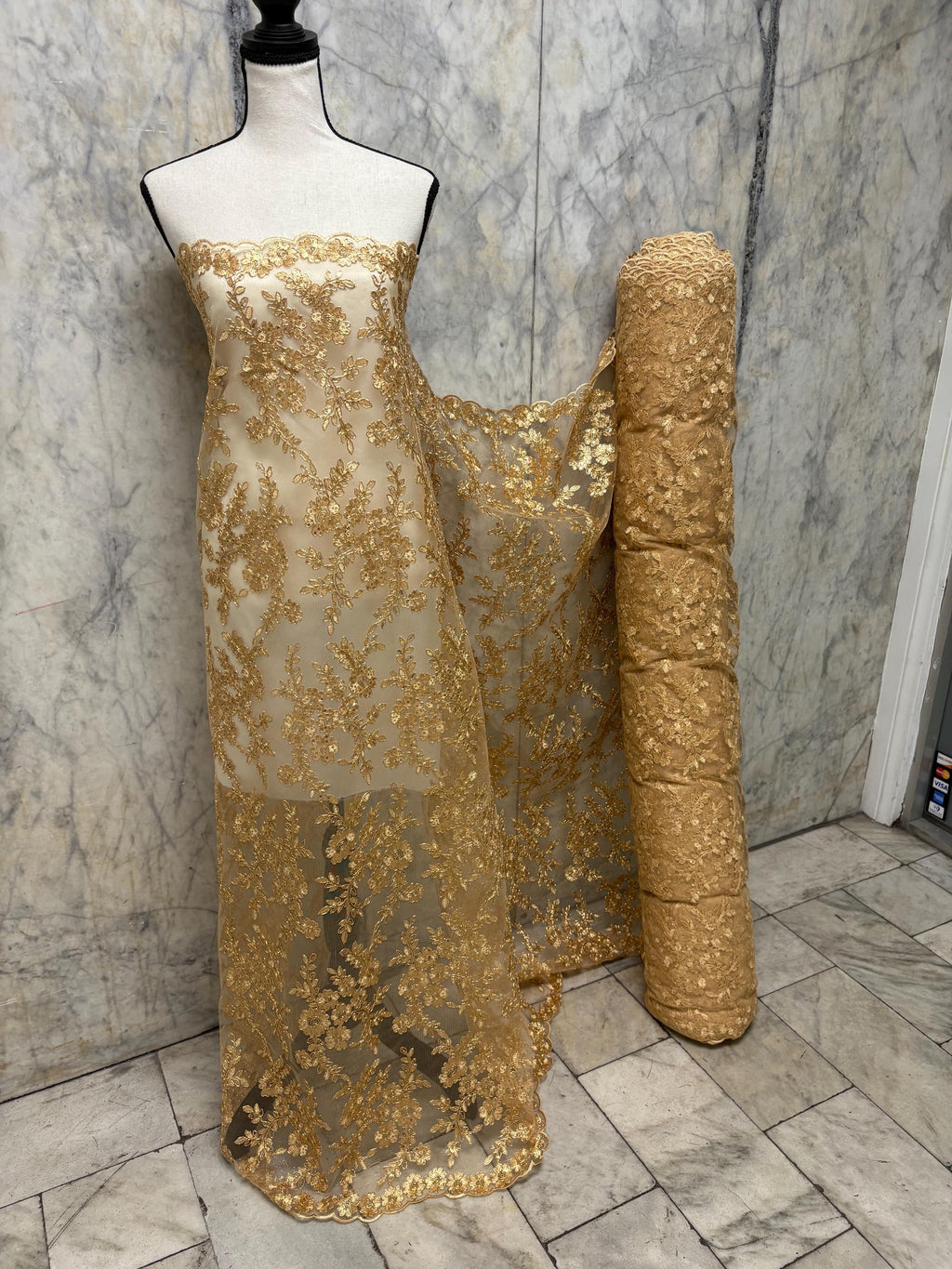 D. Gold Lace fabric design bloom 6 width 49", Double scalloped sequence embroidery.