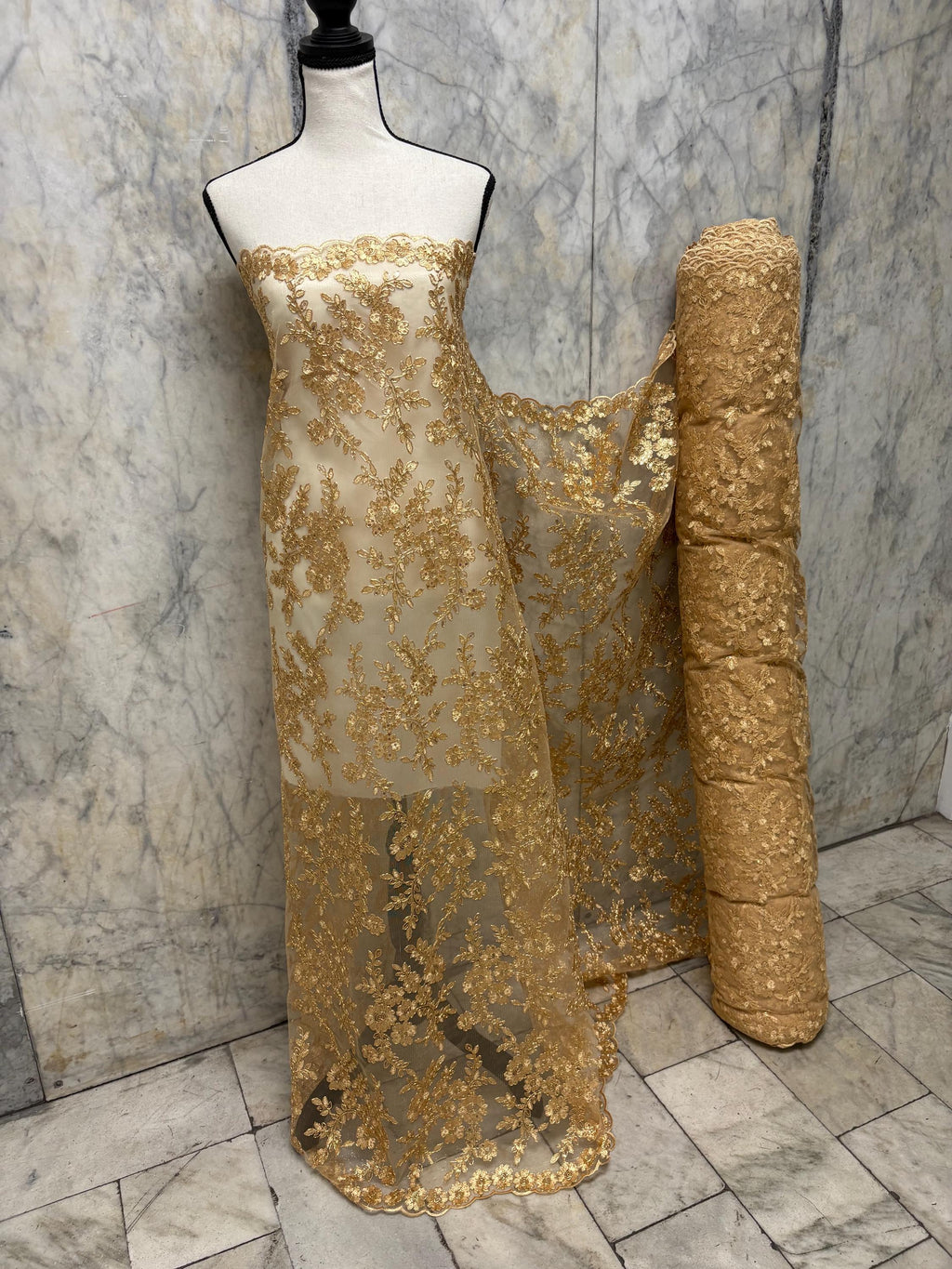 D. Gold Lace fabric design bloom 6 width 49", Double scalloped sequence embroidery.