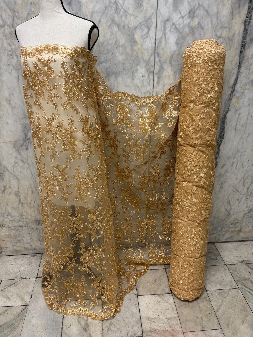 D. Gold Lace fabric design bloom 6 width 49", Double scalloped sequence embroidery.