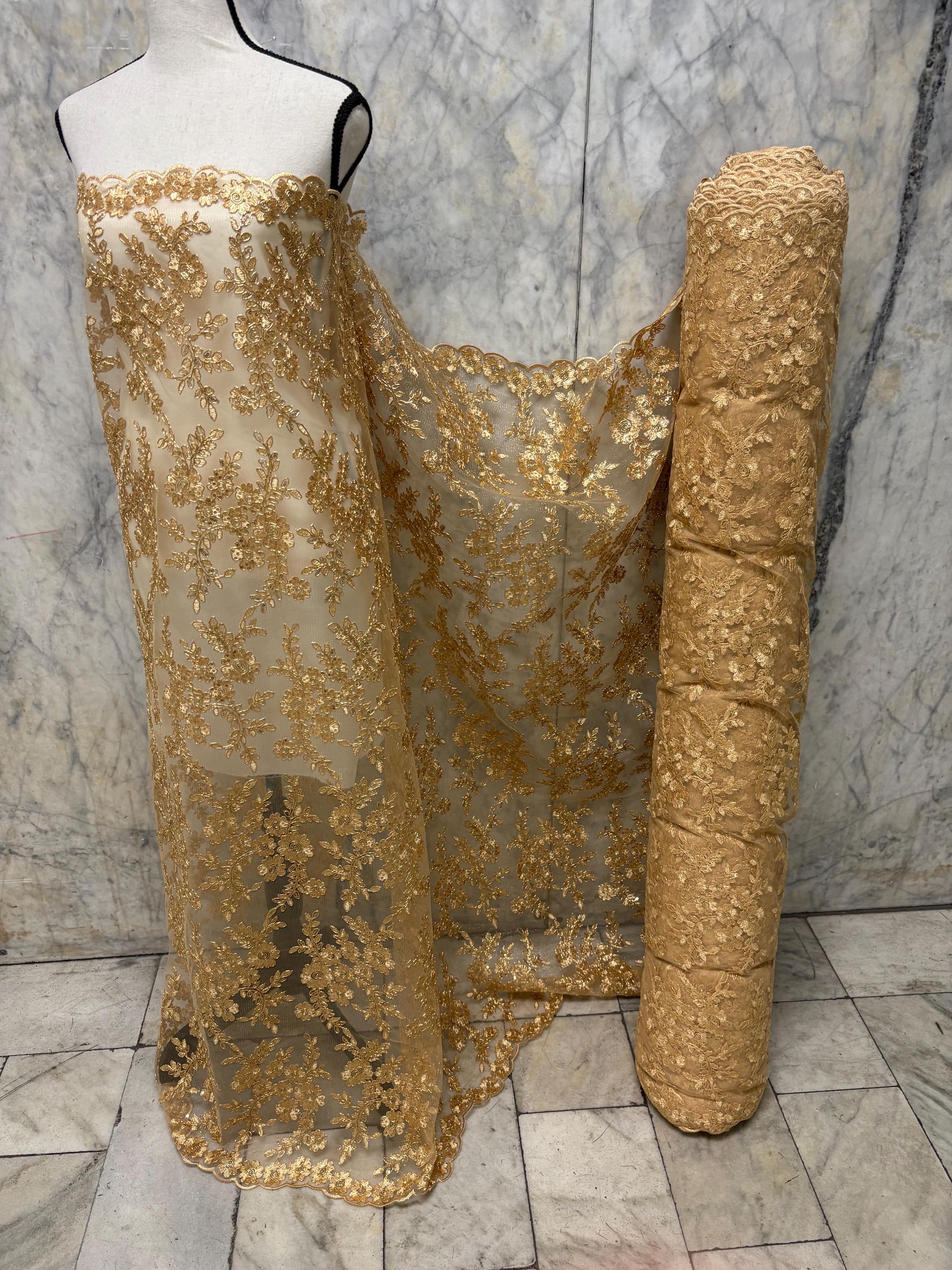 D. Gold Lace fabric design bloom 6 width 49", Double scalloped sequence embroidery.