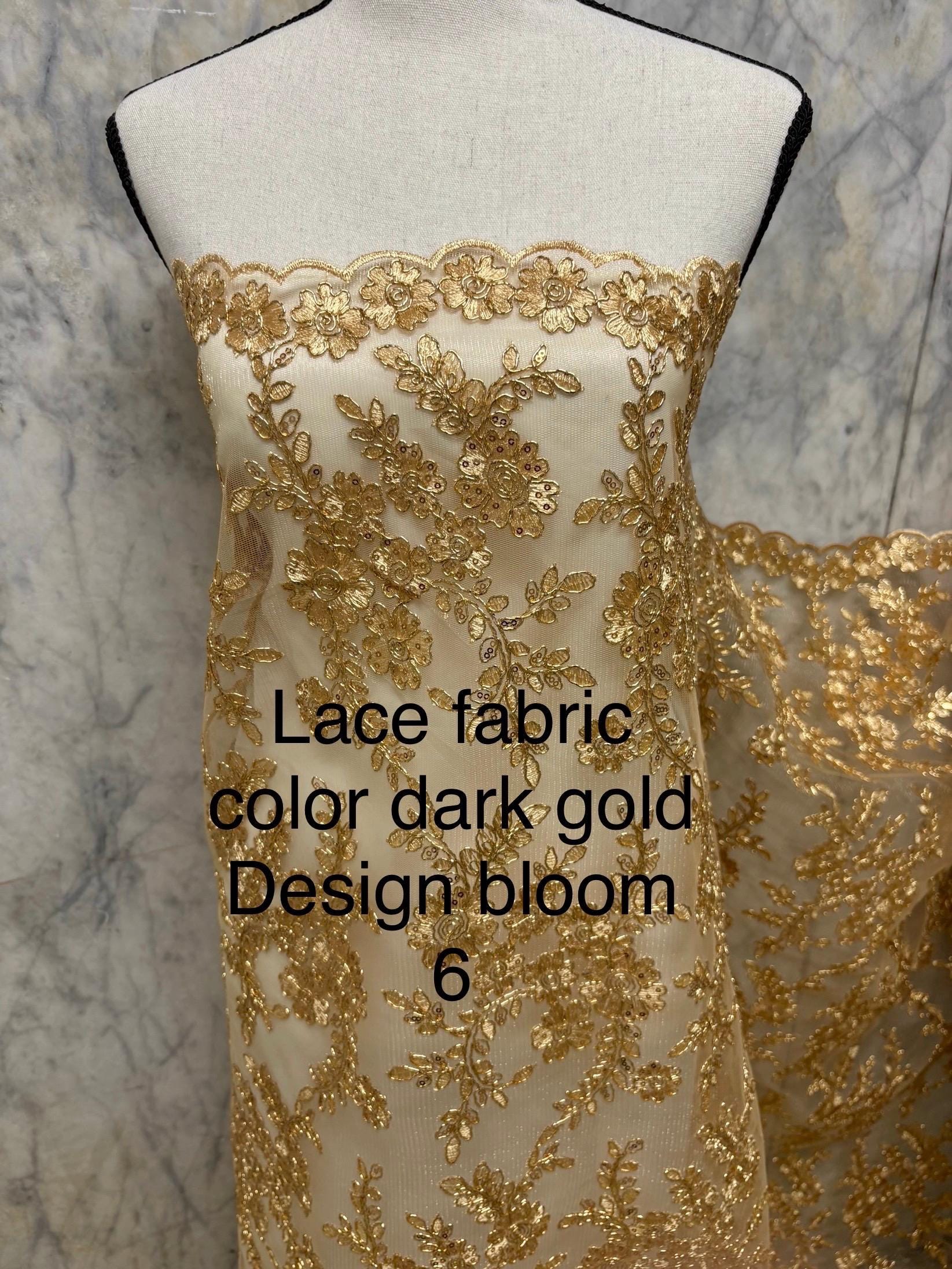 D. Gold Lace fabric design bloom 6 width 49", Double scalloped sequence embroidery.