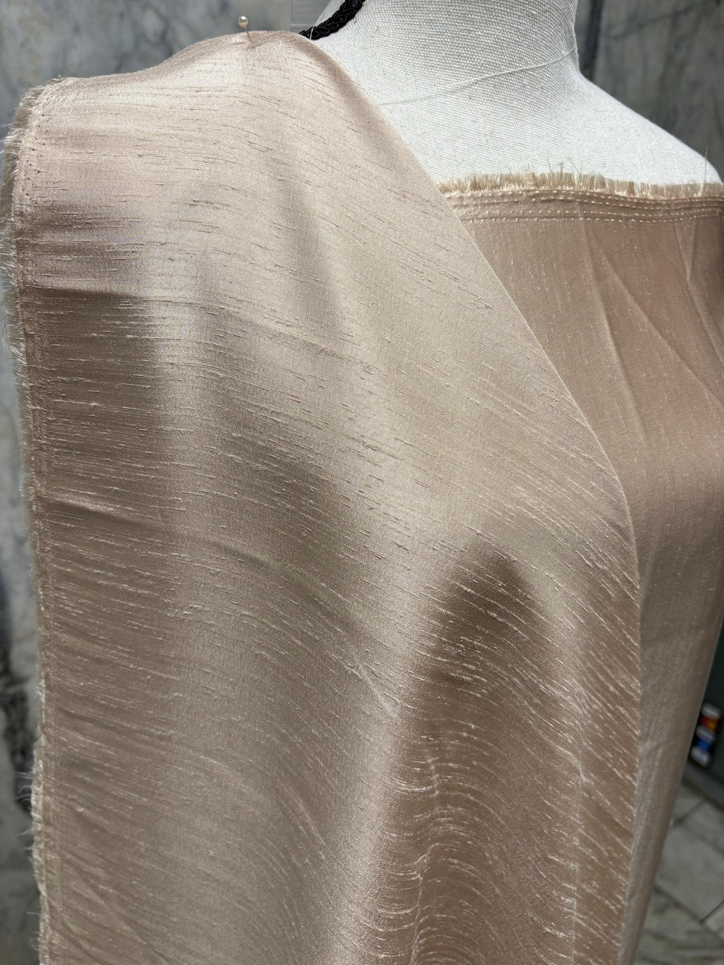 A 2 3/4 yards cut fabric satin shantung color Taupe, double sided fabric width 58 inch. polyester