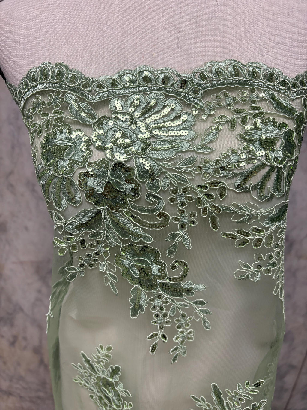 A 3-yard lace fabric color Sage design 1298 B n g. Sequins Embroidery double scalloped . Width 49/50"