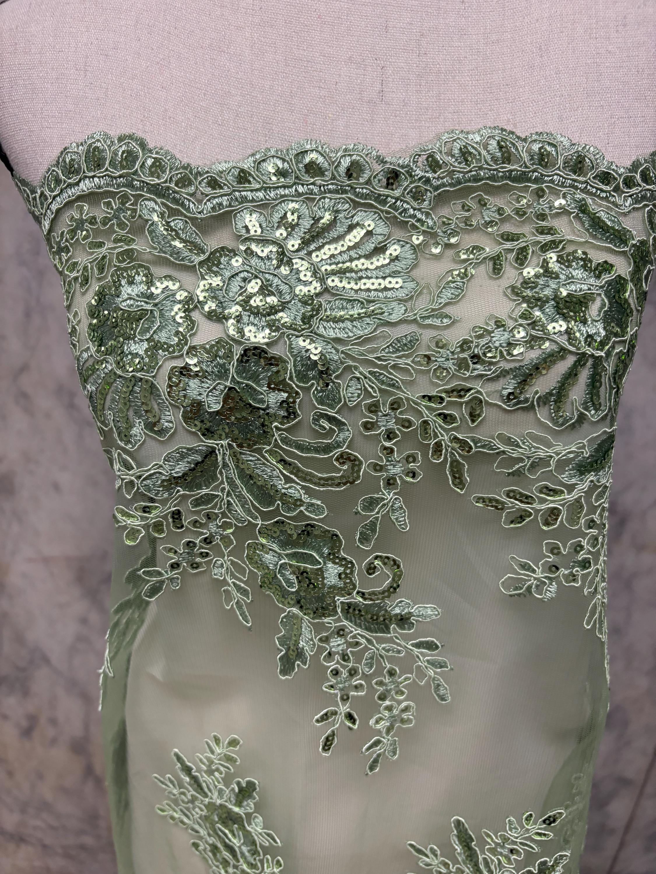 A 3-yard lace fabric color Sage design 1298 B n g. Sequins Embroidery double scalloped . Width 49/50"