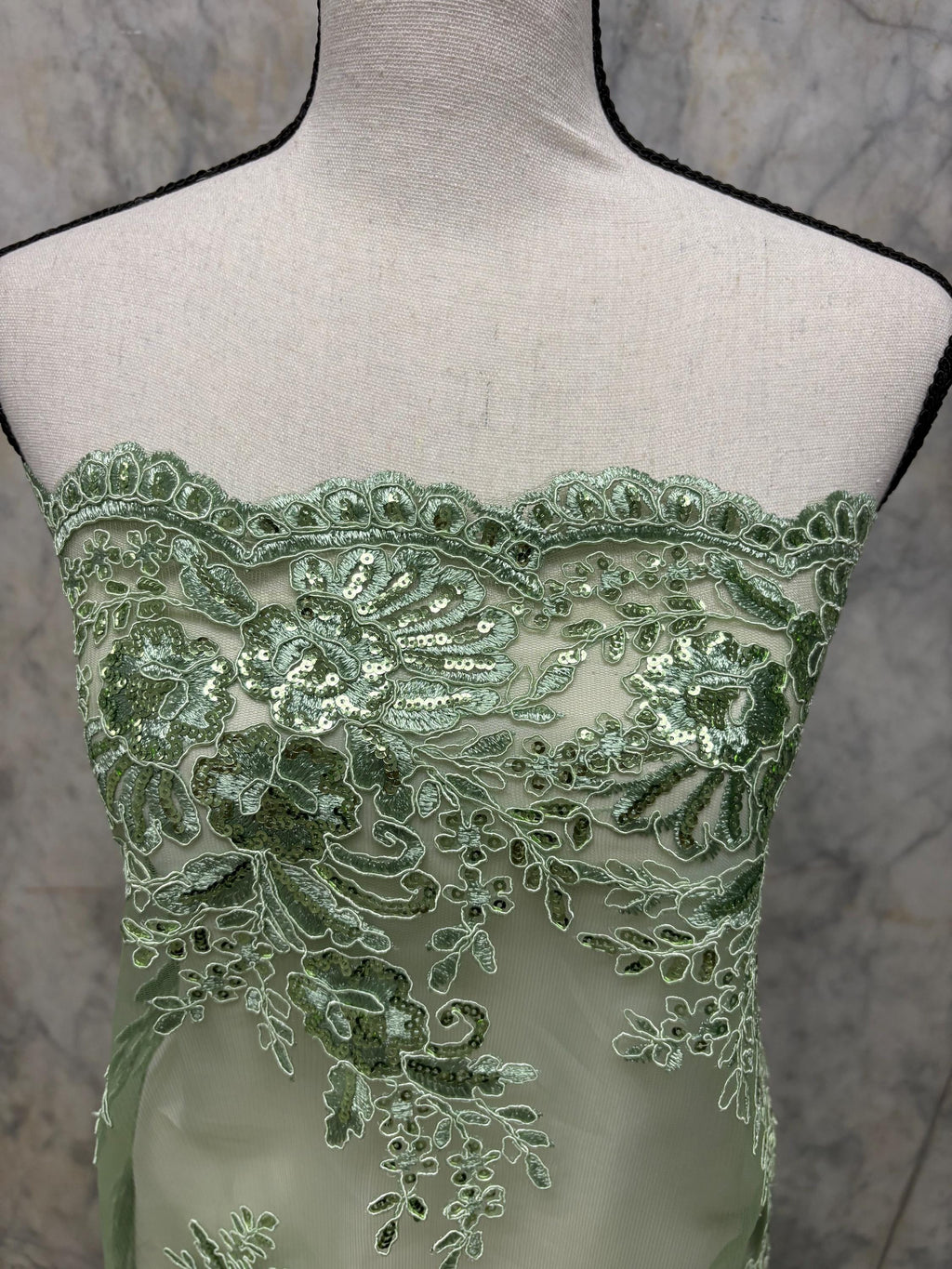 A 3-yard lace fabric color Sage design 1298 B n g. Sequins Embroidery double scalloped . Width 49/50"