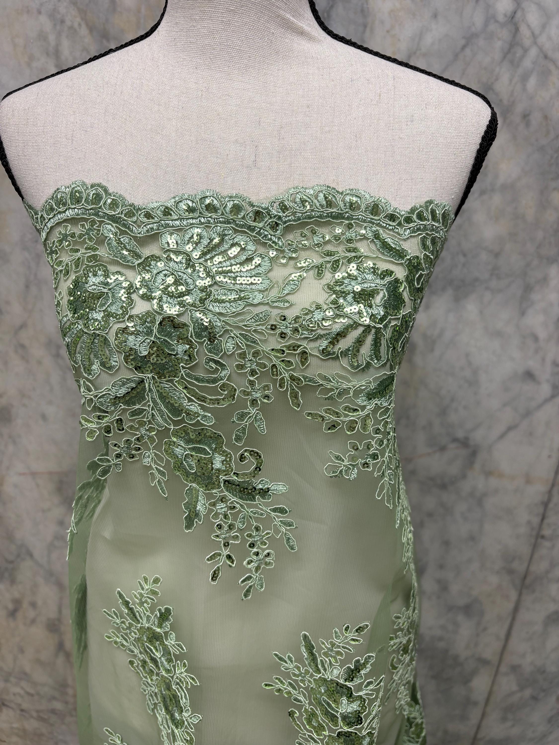 A 3-yard lace fabric color Sage design 1298 B n g. Sequins Embroidery double scalloped . Width 49/50"