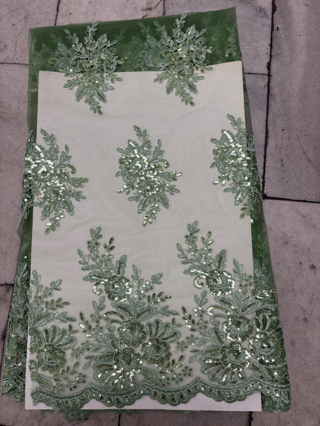 A 3-yard lace fabric color Sage design 1298 B n g. Sequins Embroidery double scalloped . Width 49/50"