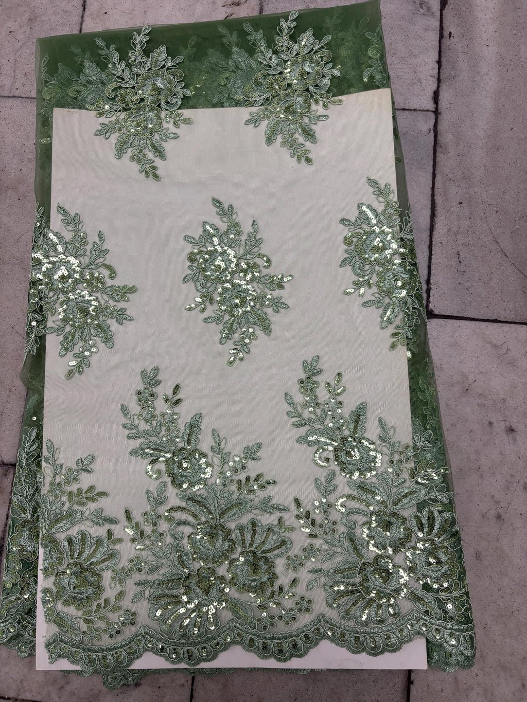 A 3-yard lace fabric color Sage design 1298 B n g. Sequins Embroidery double scalloped . Width 49/50"