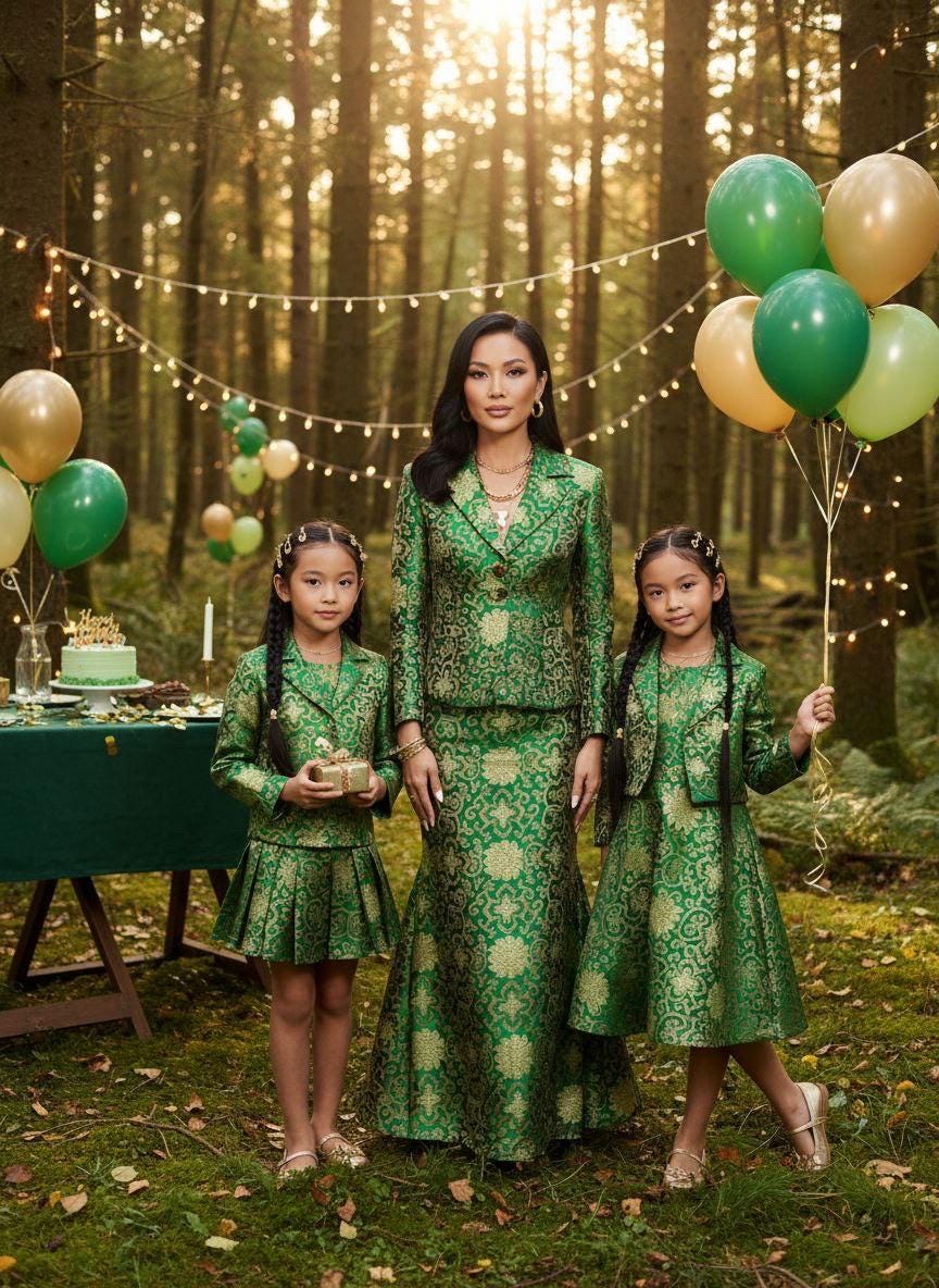 Asian Satin Brocade Fabric - Green - 36" Width