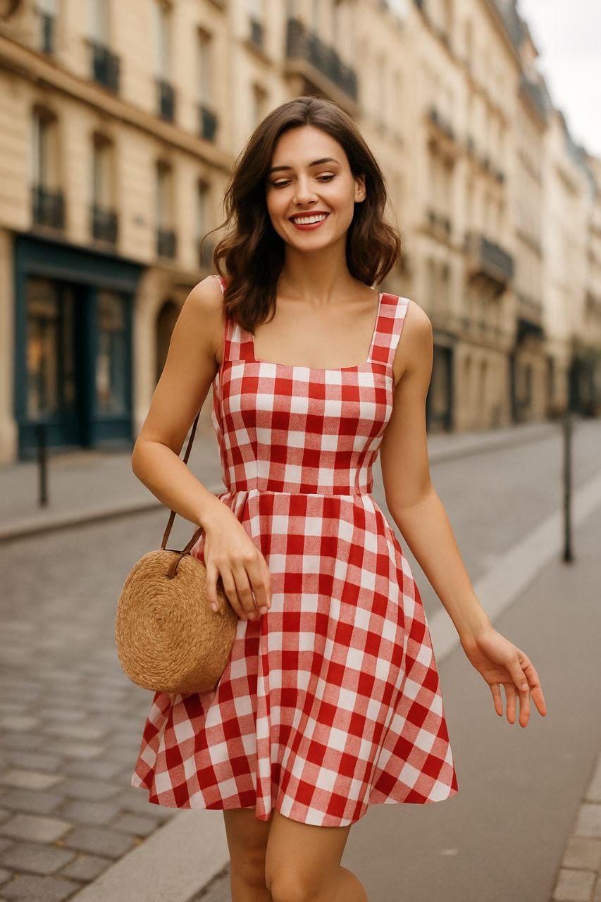 Red Gingham fabric color Red and white. Poly cotton, width 59". 1" square.