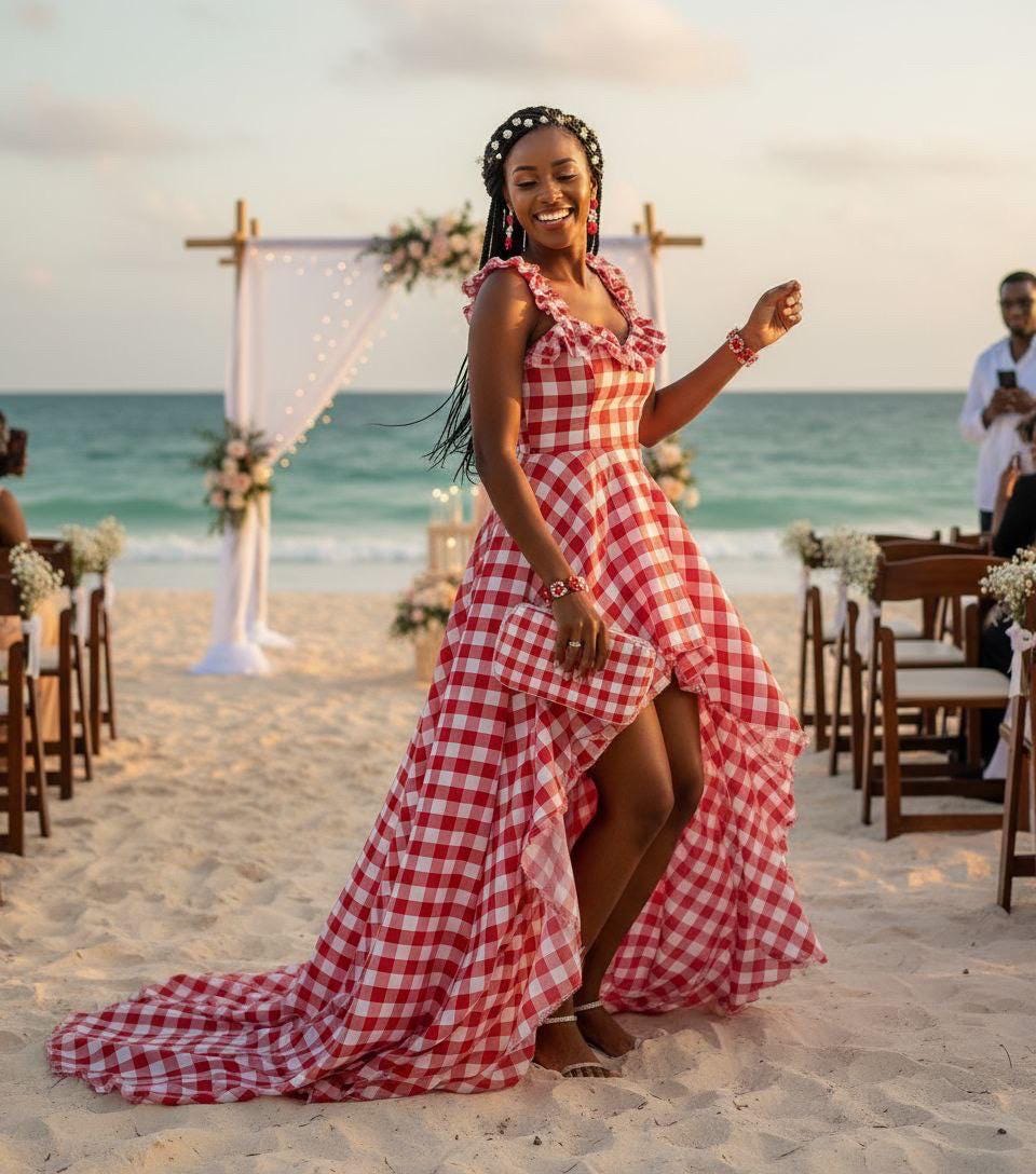 Red Gingham fabric color Red and white. Poly cotton, width 59". 1" square.