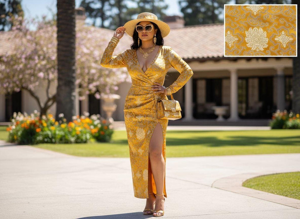 Gold brocade fabric, 36” wide – also known as Asian satin or Oriental Chinese embroidered brocade.