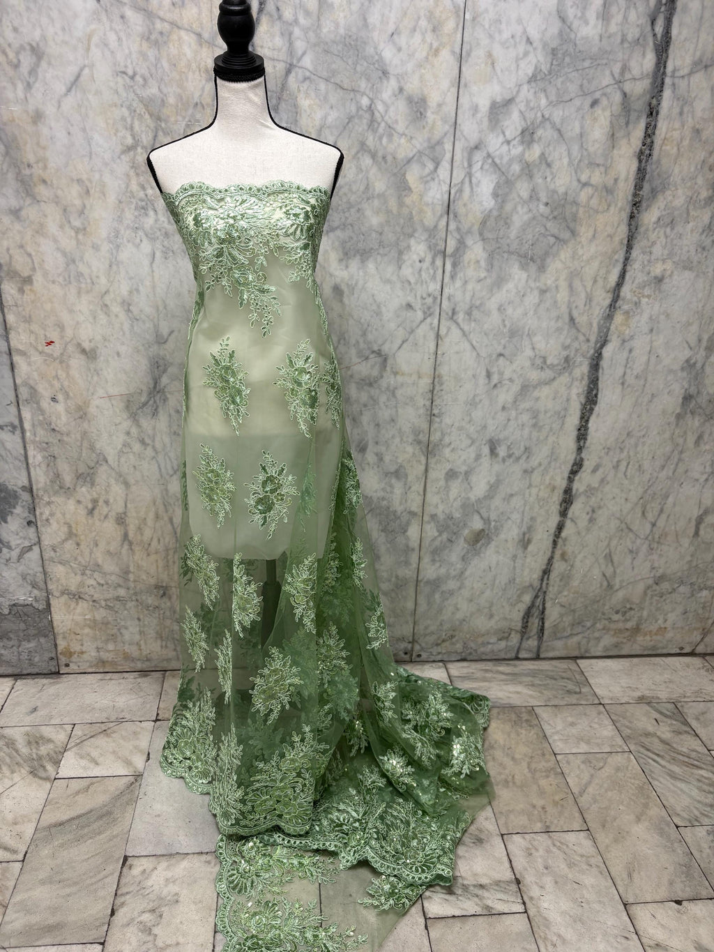 A 3-yard lace fabric color Sage design 1298 B n g. Sequins Embroidery double scalloped . Width 49/50"