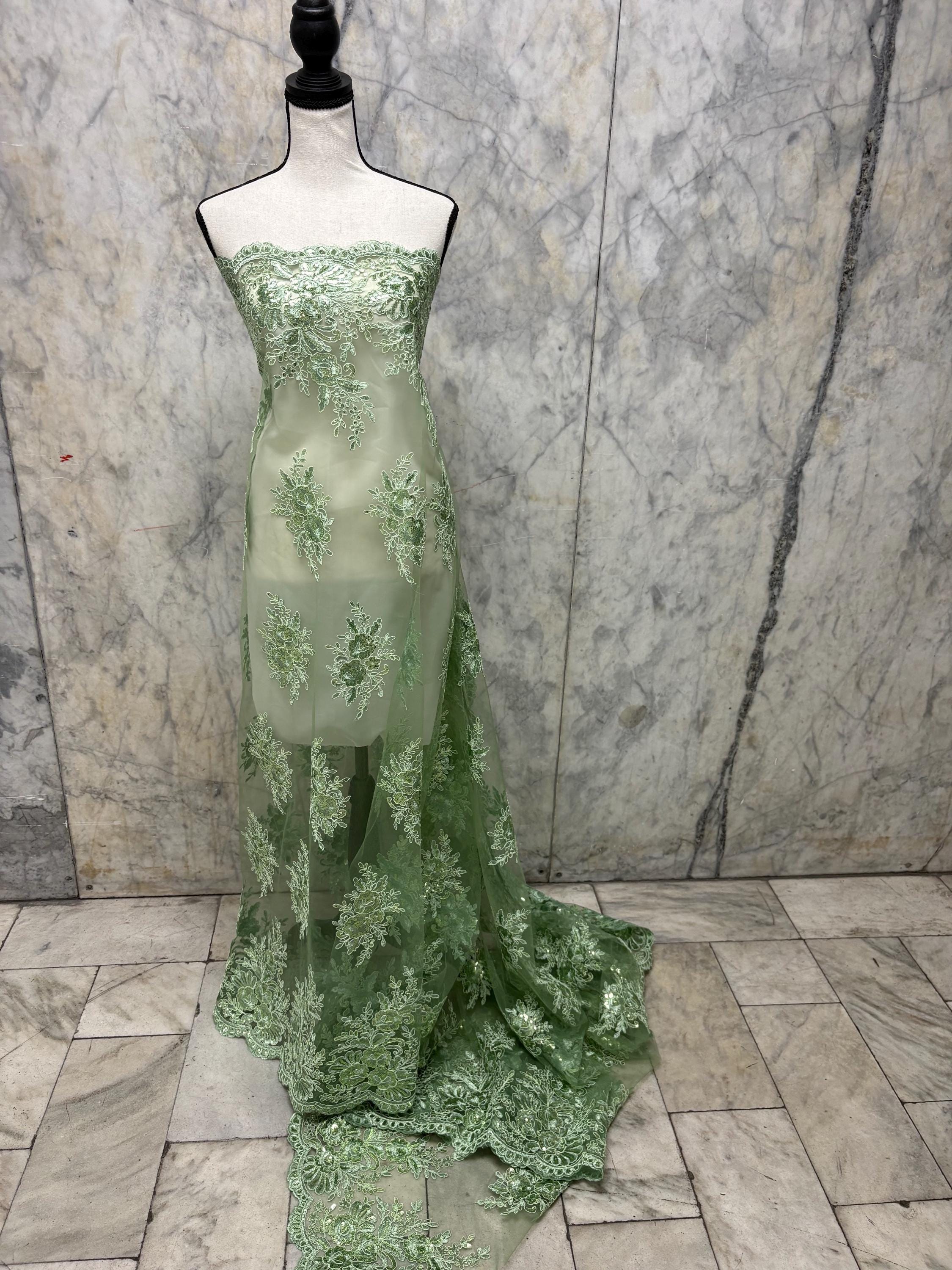 A 3-yard lace fabric color Sage design 1298 B n g. Sequins Embroidery double scalloped . Width 49/50"