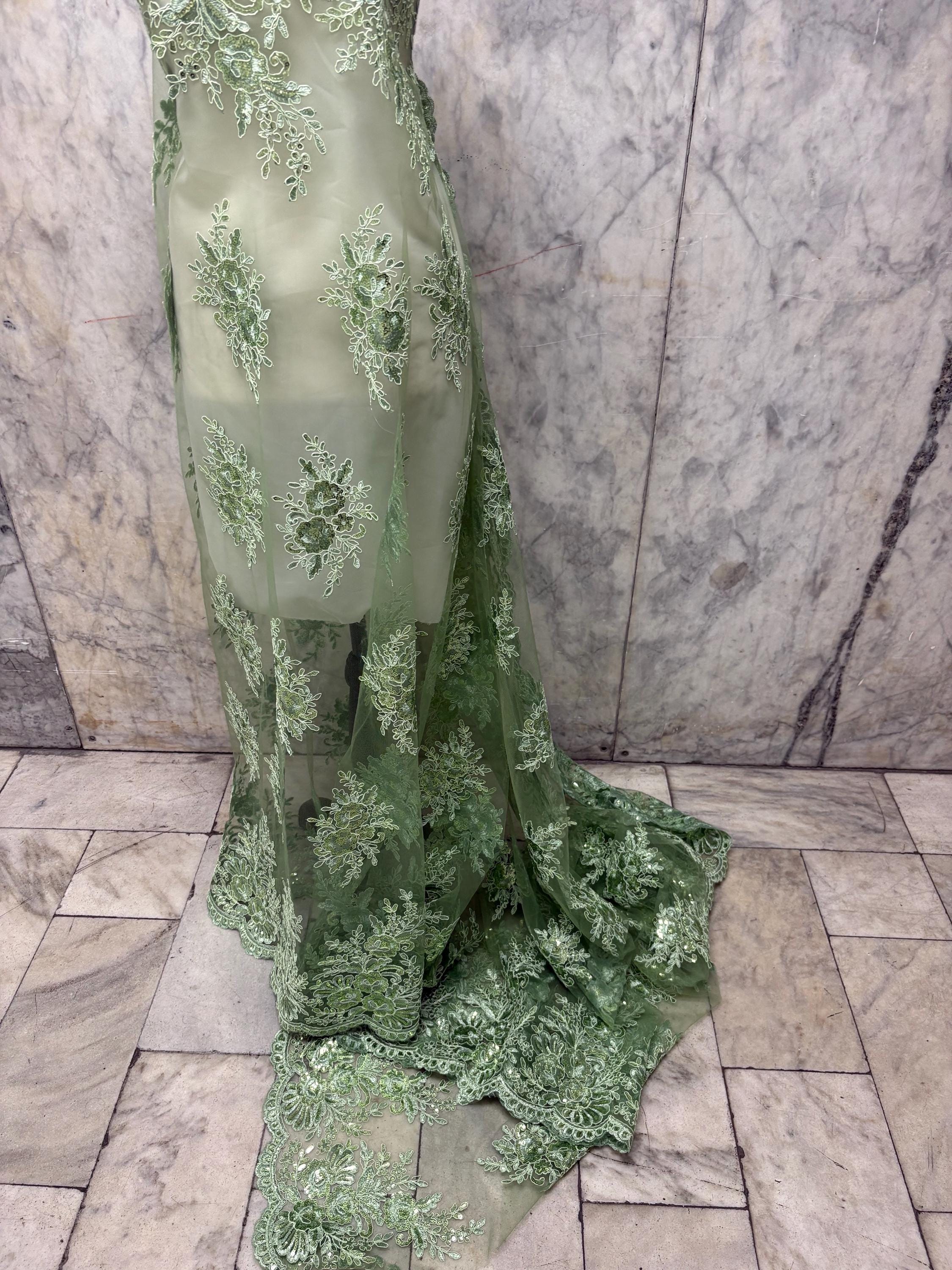 A 3-yard lace fabric color Sage design 1298 B n g. Sequins Embroidery double scalloped . Width 49/50"