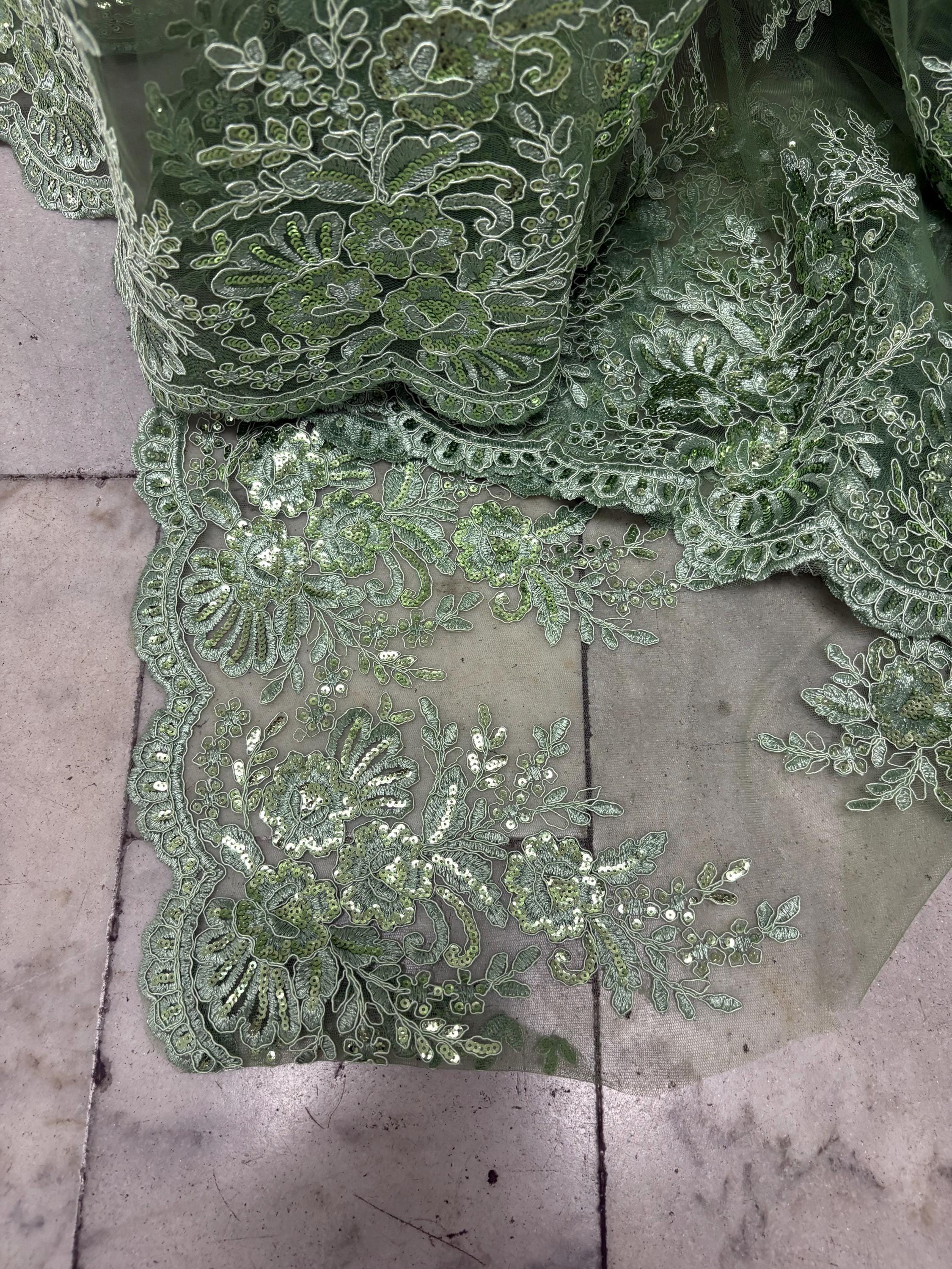 A 3-yard lace fabric color Sage design 1298 B n g. Sequins Embroidery double scalloped . Width 49/50"
