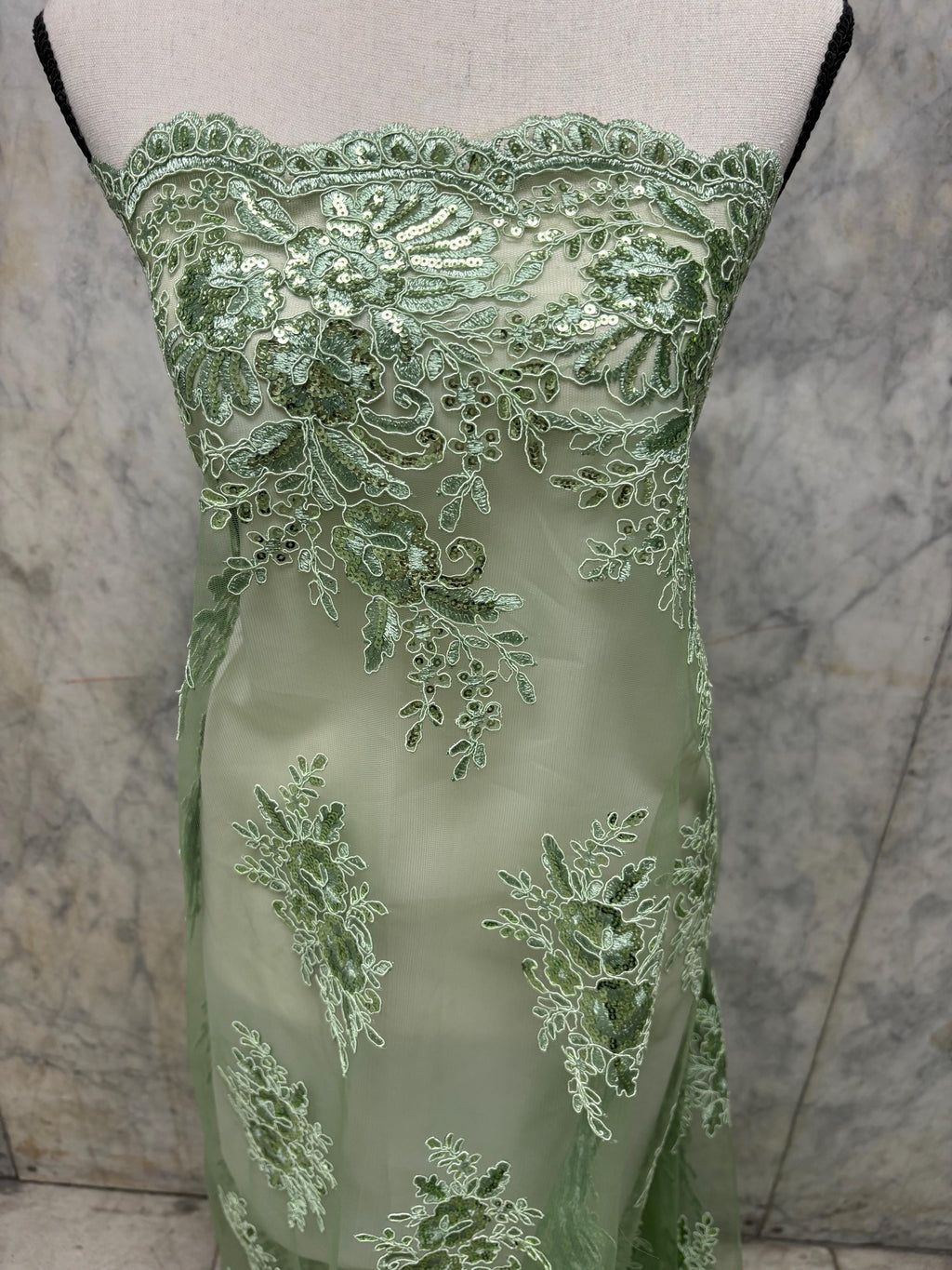 A 3-yard lace fabric color Sage design 1298 B n g. Sequins Embroidery double scalloped . Width 49/50"