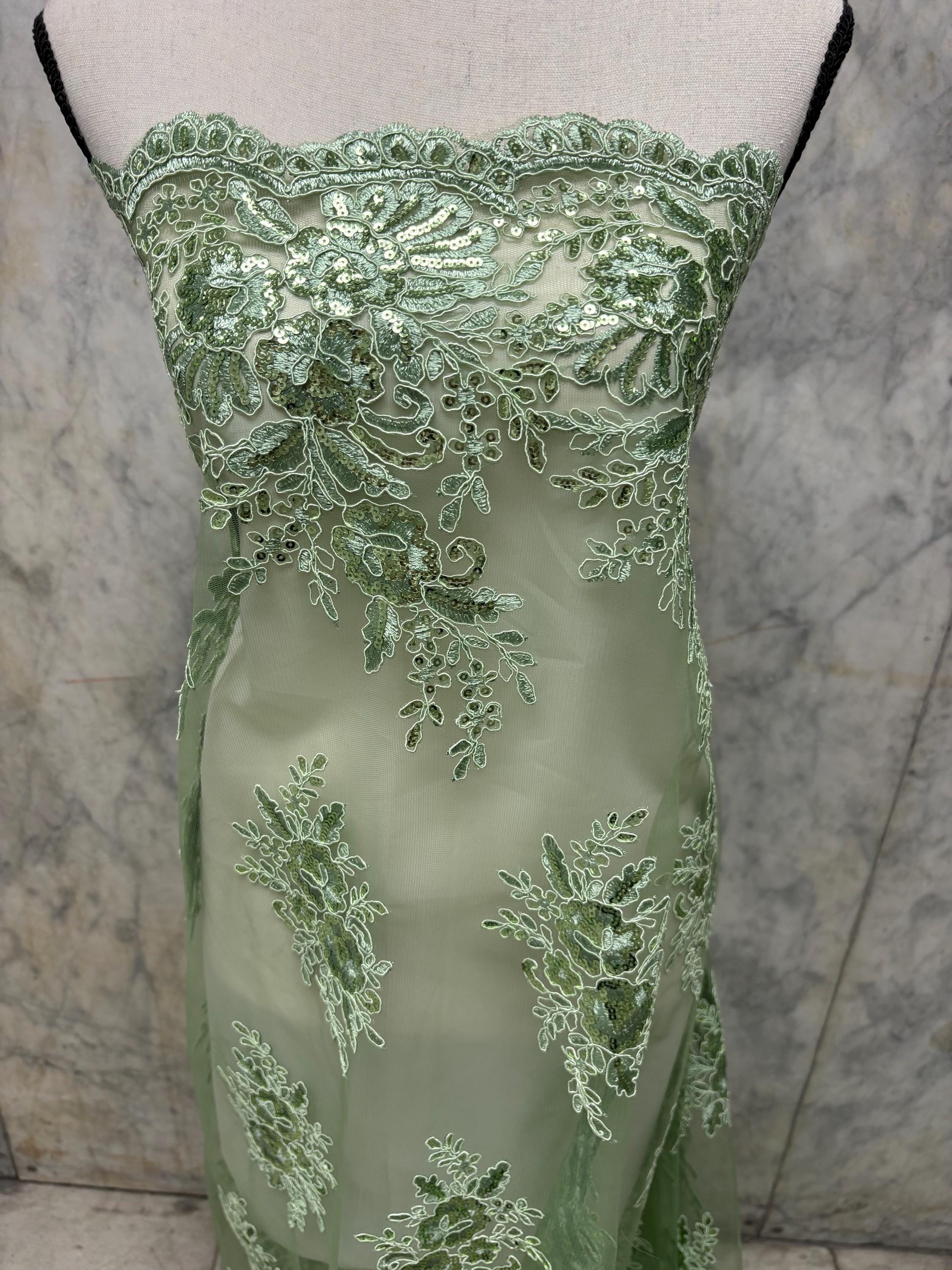 A 3-yard lace fabric color Sage design 1298 B n g. Sequins Embroidery double scalloped . Width 49/50"