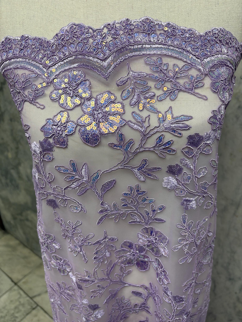 Lace fabric - Lilac - 49" Width - Double scalloped Sequence Embroidery