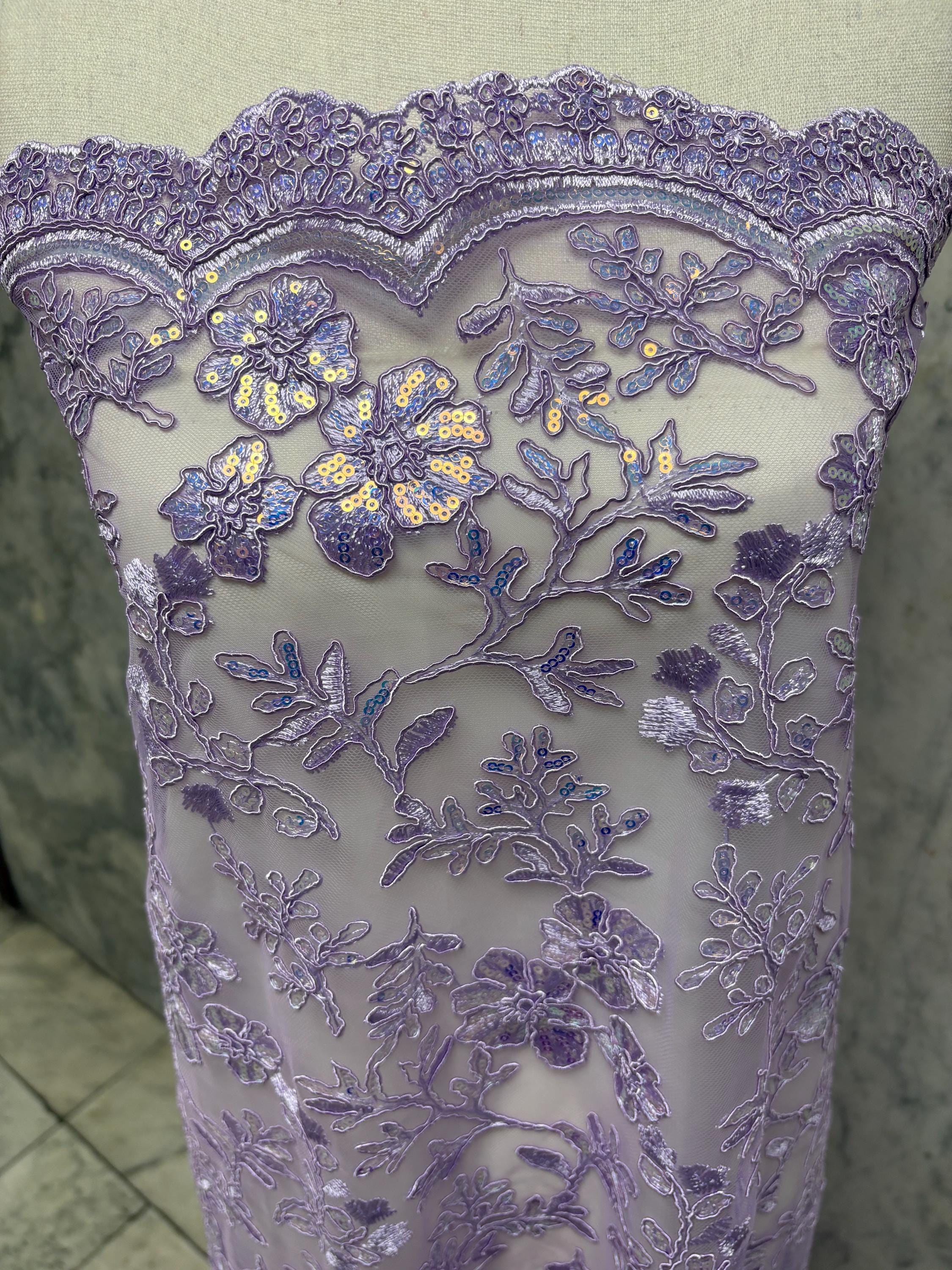 Lace fabric - Lilac - 49" Width - Double scalloped Sequence Embroidery