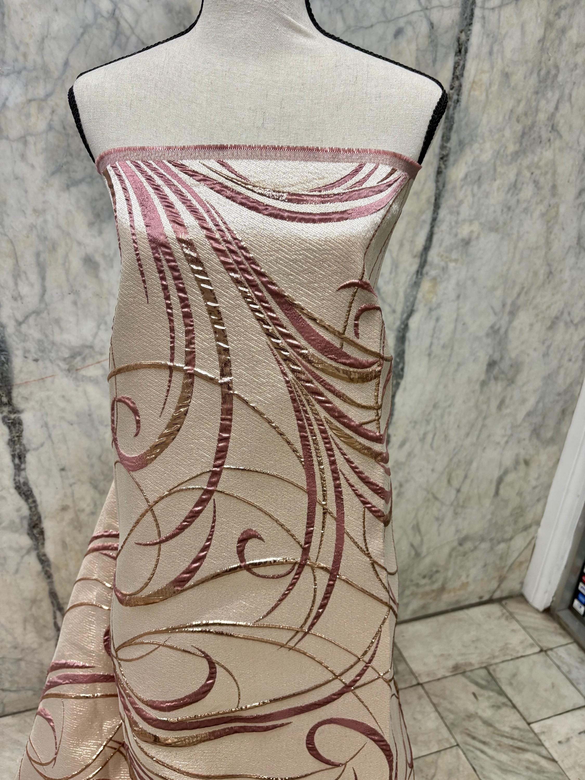 Metallic Jacquard Brocade fabric - Mauve/Champagne - 56" Width