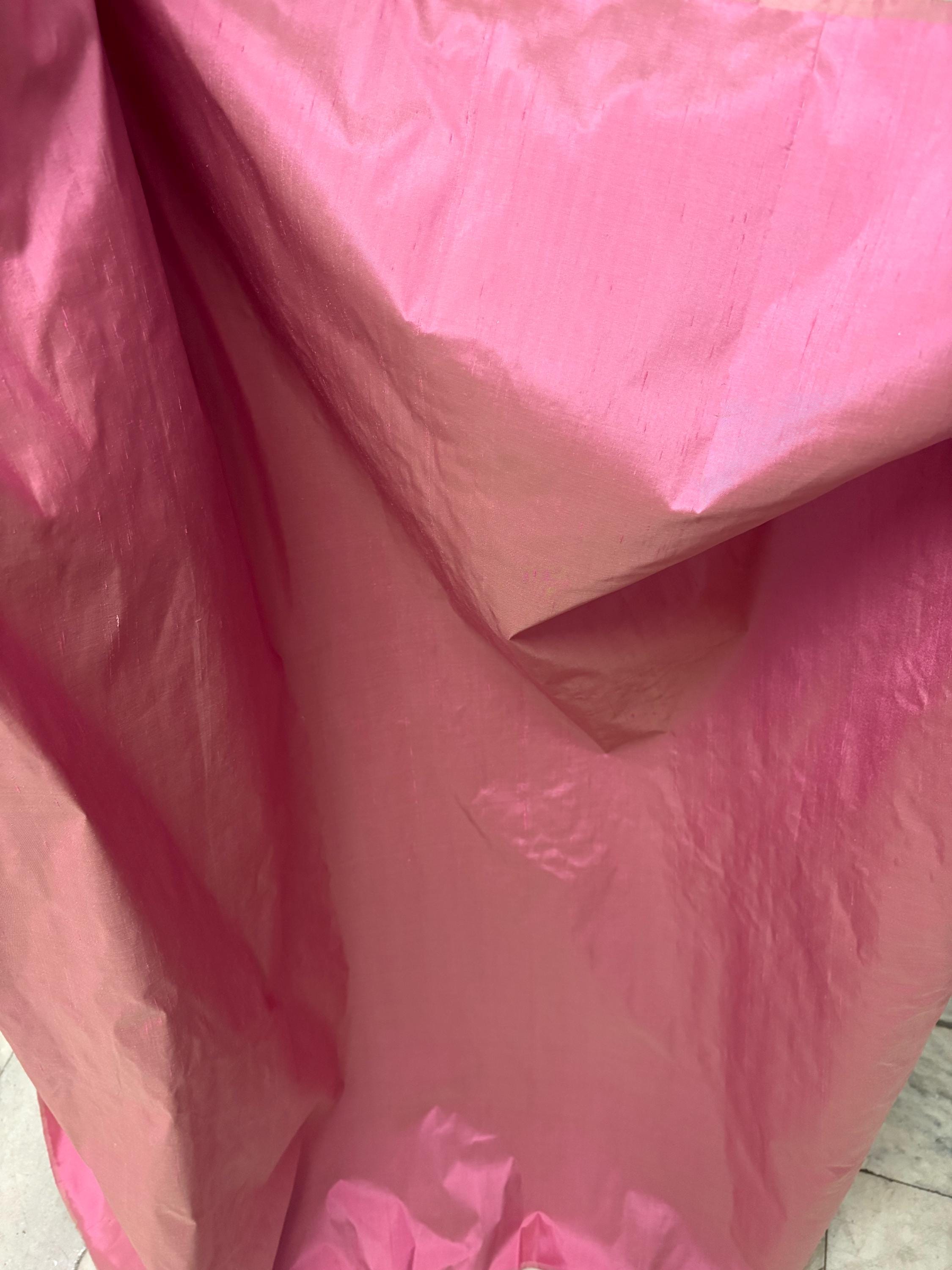 100% silk Dupioni Taffeta width 54" color Dusty Rose with green sheen. Fabric has slubbed. Check description. Item # 2259-2. NAS.