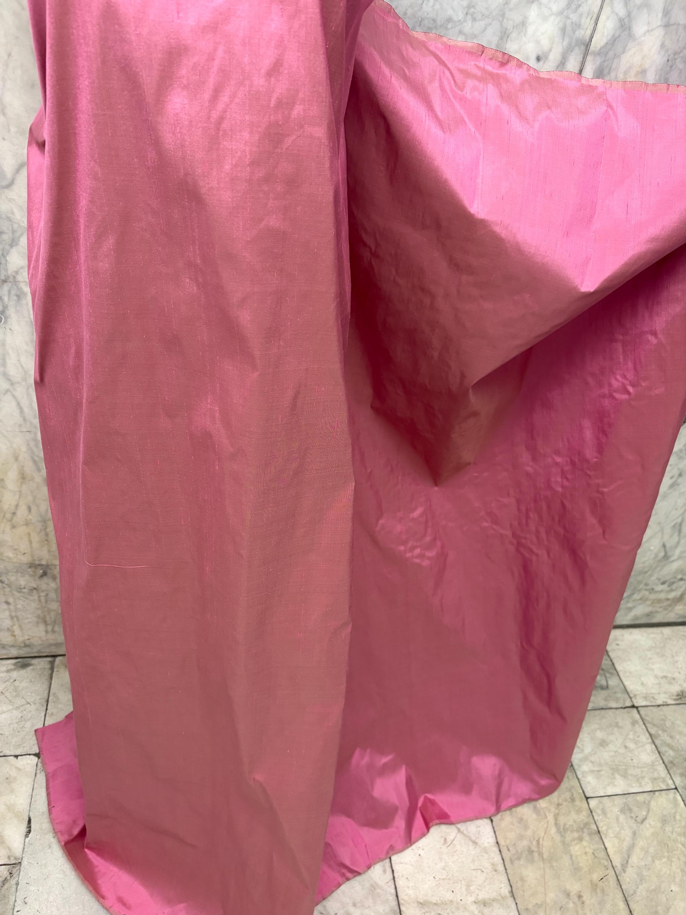 100% silk Dupioni Taffeta width 54" color Dusty Rose with green sheen. Fabric has slubbed. Check description. Item # 2259-2. NAS.
