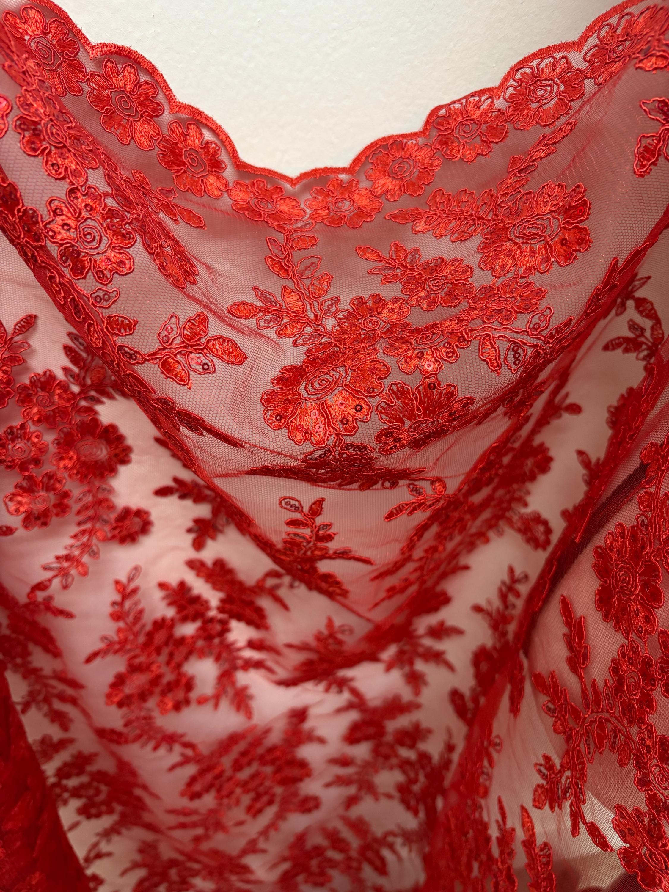 Lace fabric - Red - 49" Width - Design: Bloom 6