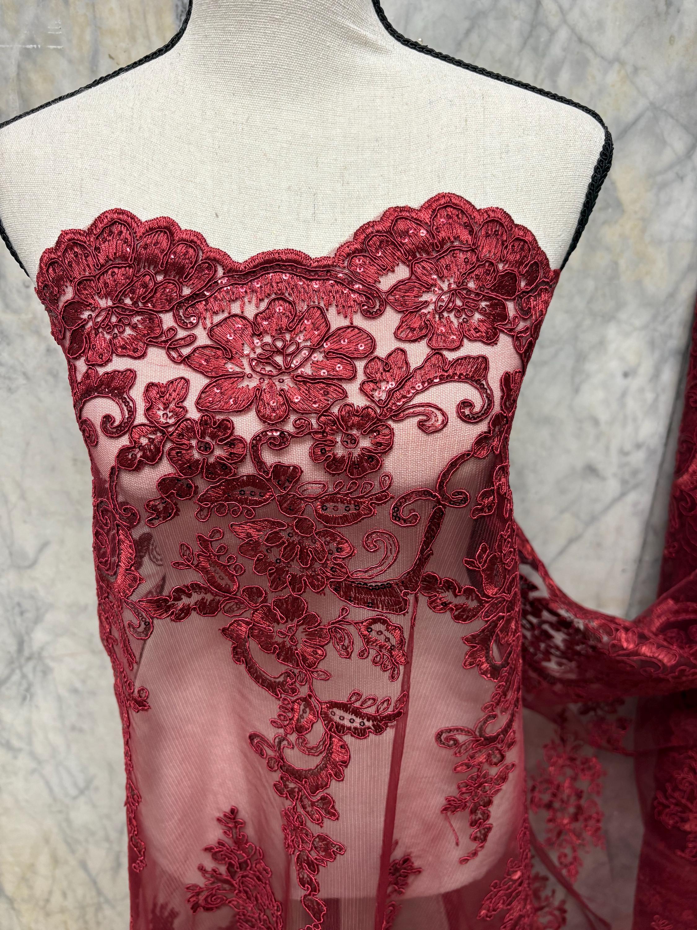 Bridal Lace Fabric - Burgundy - 49/50" Width - Design US50