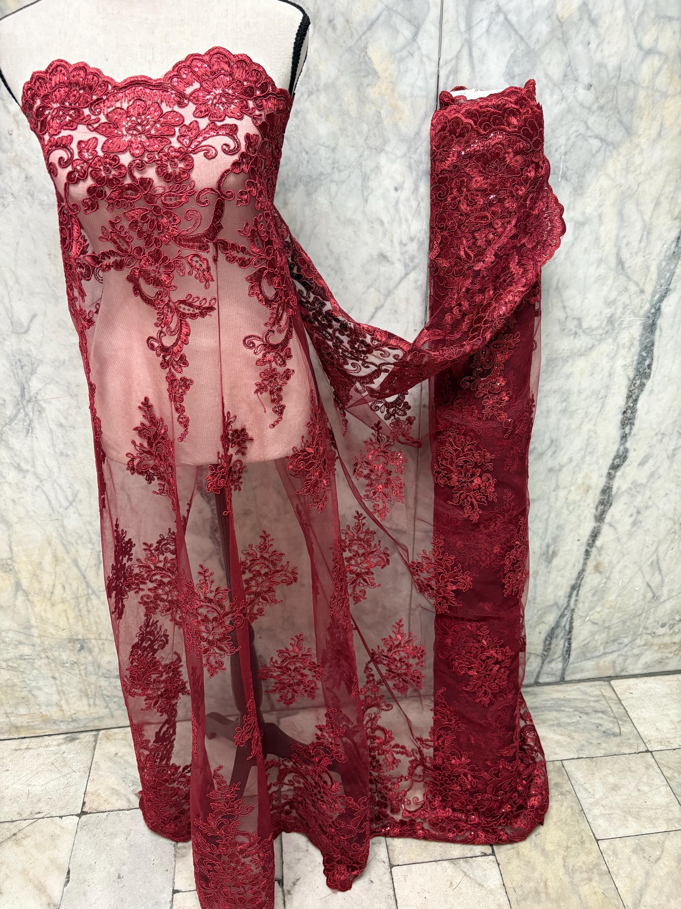 Bridal Lace Fabric - Burgundy - 49/50" Width - Design US50