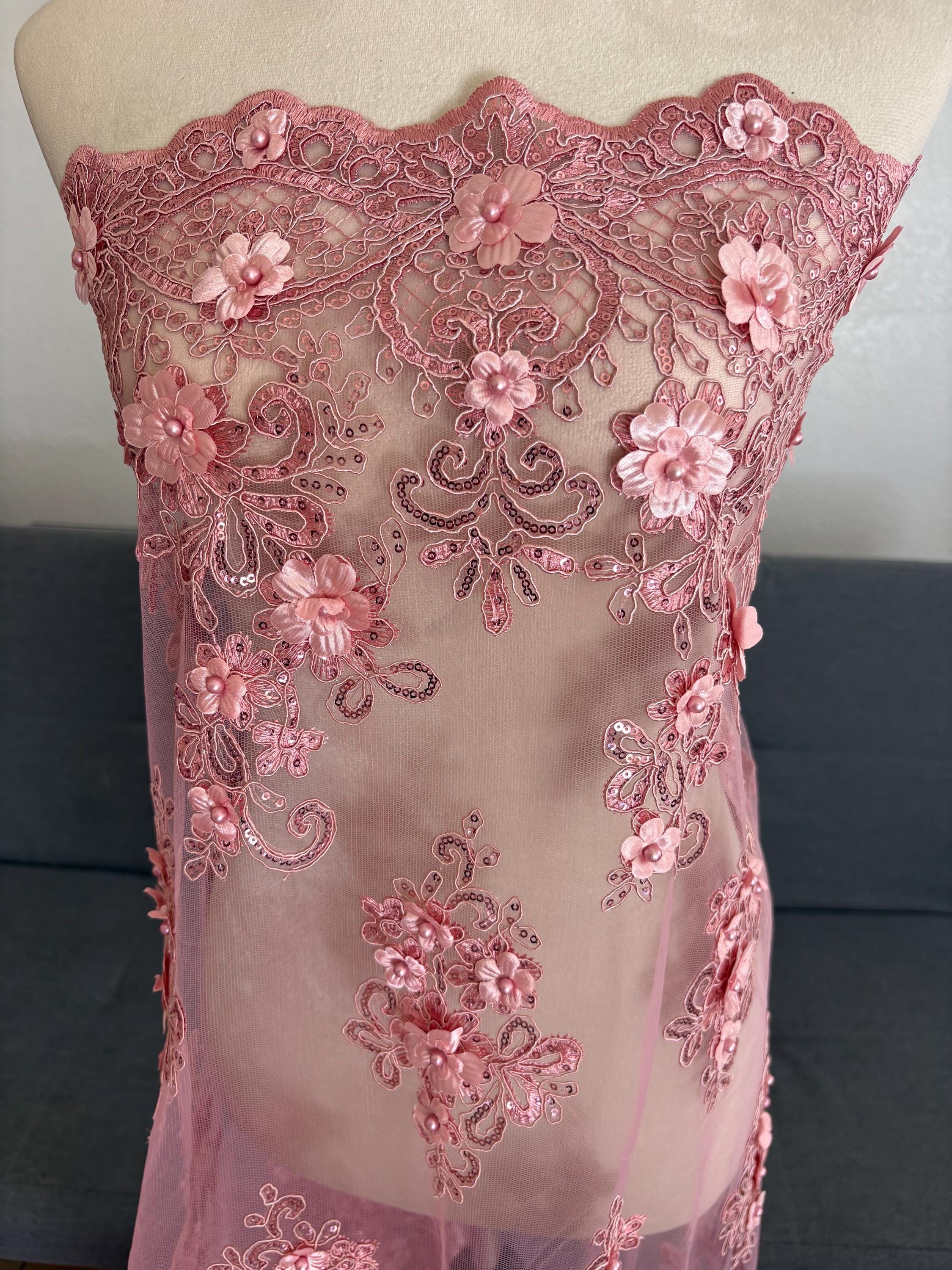 3D Bridal Lace fabric - Mauve - 49" Width - Embridery sequince Double scalopped with Beads