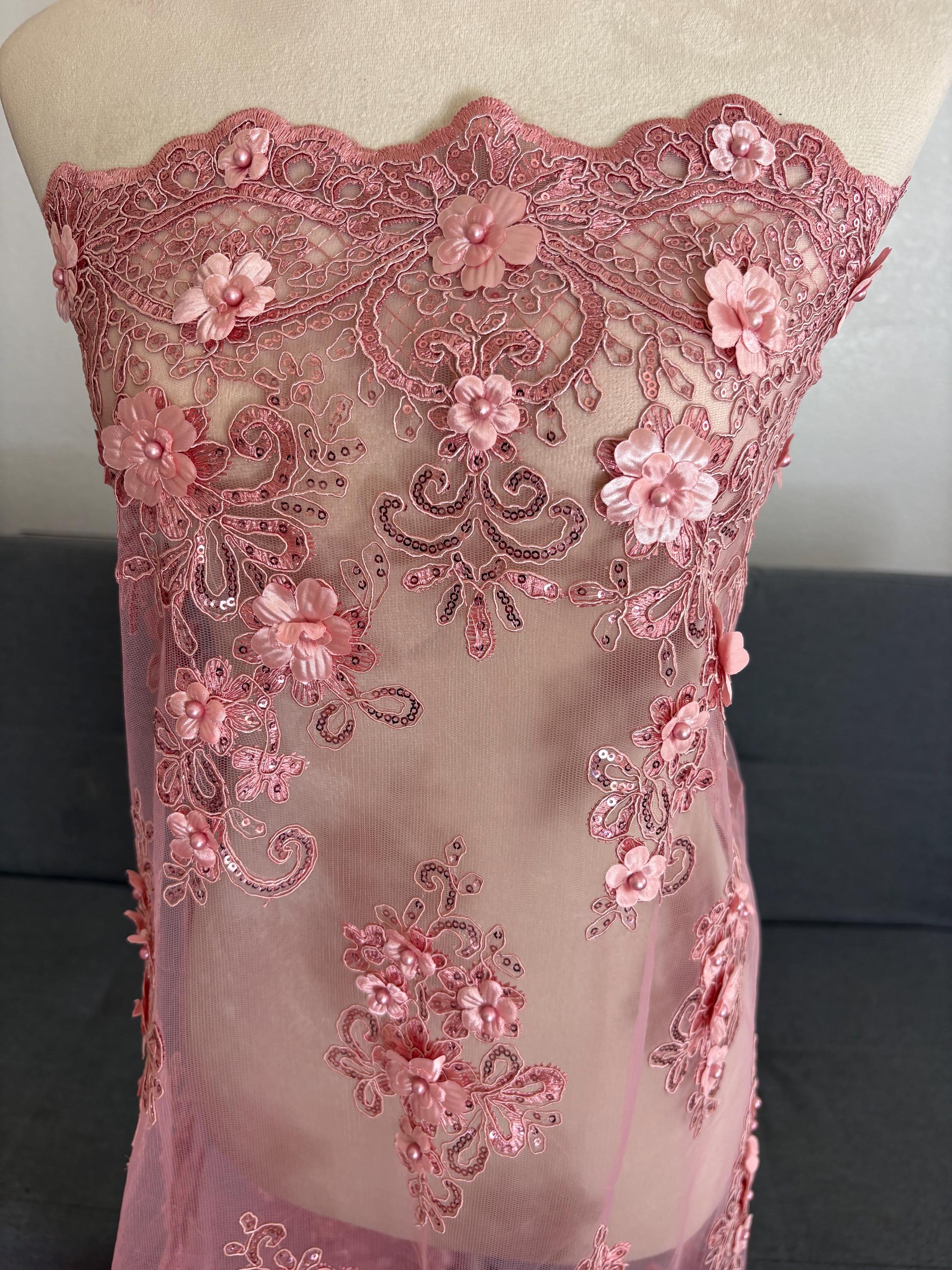 3D Bridal Lace fabric - Mauve - 49" Width - Embridery sequince Double scalopped with Beads