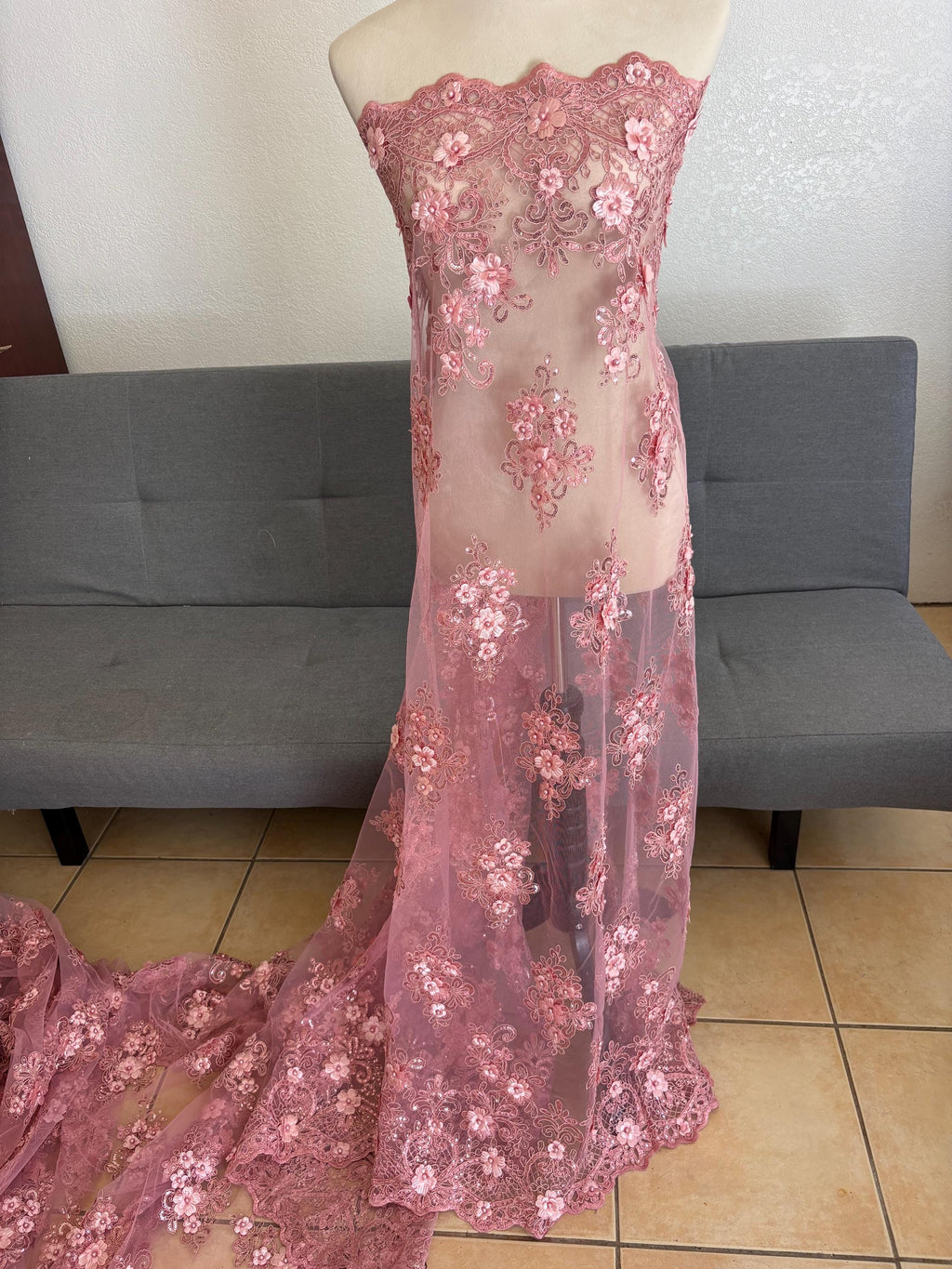 3D Bridal Lace fabric - Mauve - 49" Width - Embridery sequince Double scalopped with Beads