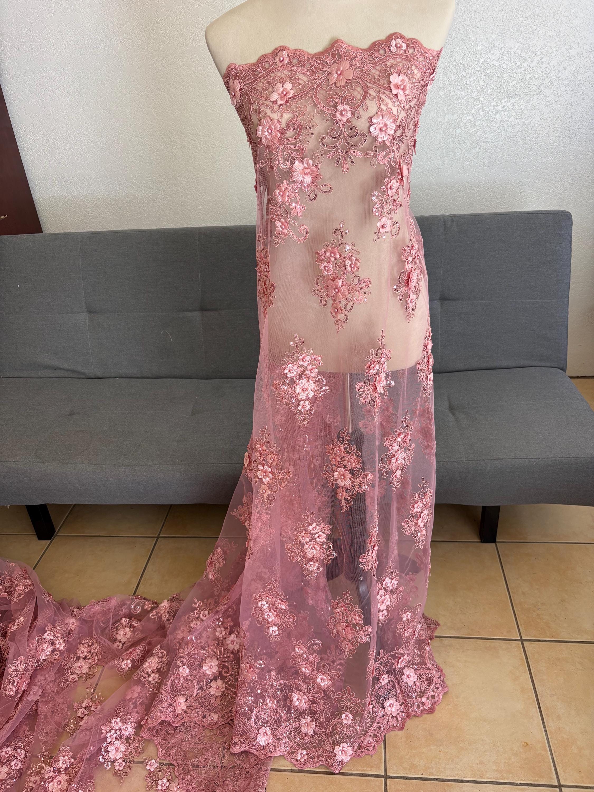 3D Bridal Lace fabric - Mauve - 49" Width - Embridery sequince Double scalopped with Beads