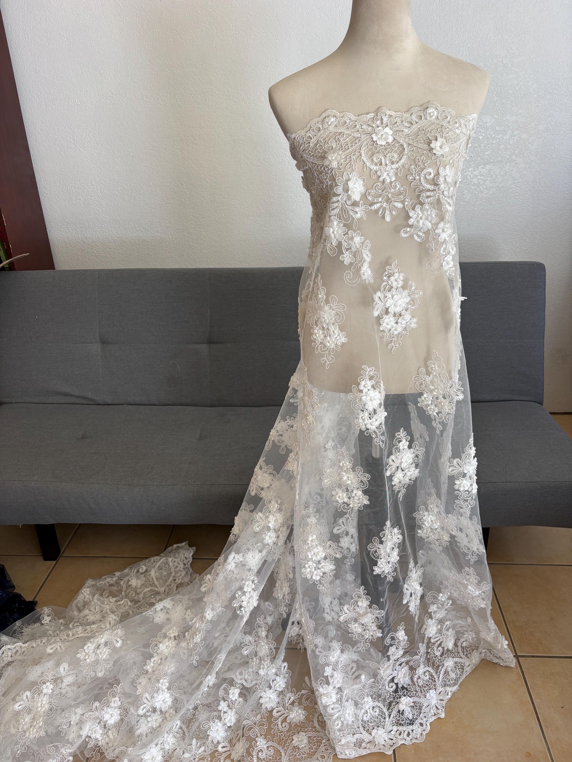 3D Bridal Lace fabric - Offwhite - 49" Width - Embridery sequince Double scalopped with Beads