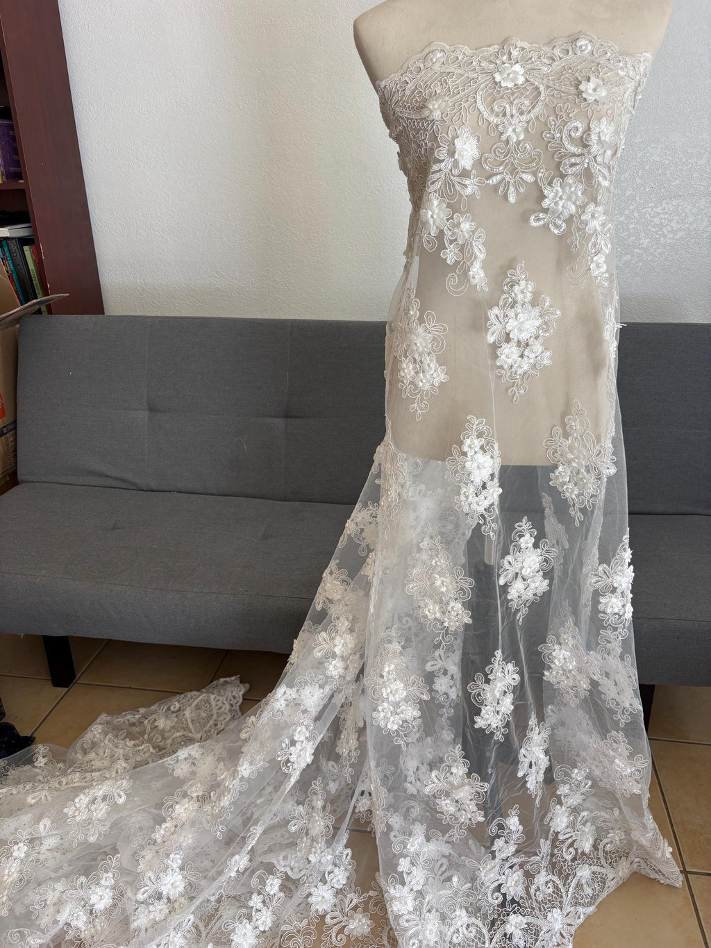 3D Bridal Lace fabric - Offwhite - 49" Width - Embridery sequince Double scalopped with Beads
