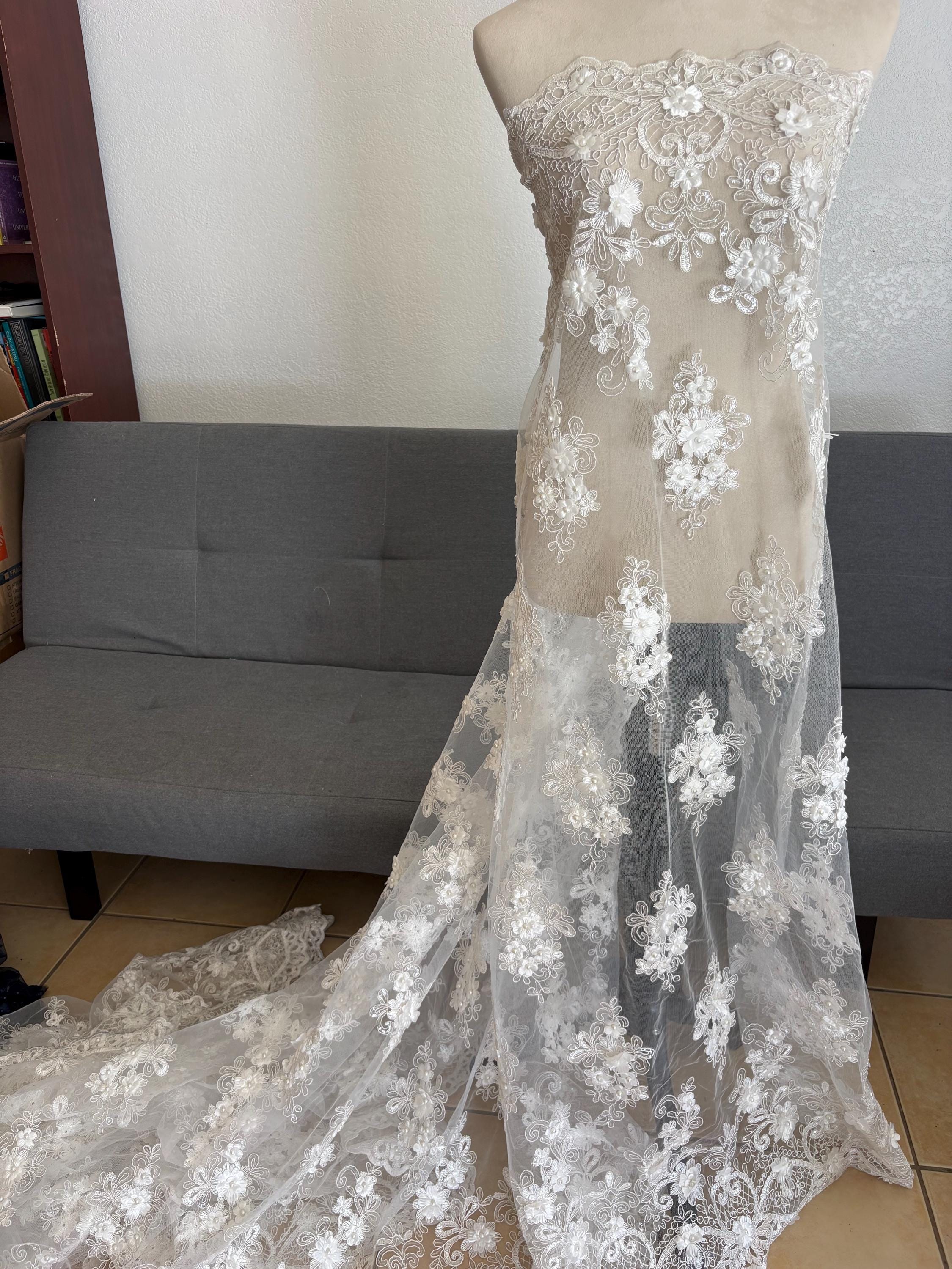 3D Bridal Lace fabric - Offwhite - 49" Width - Embridery sequince Double scalopped with Beads