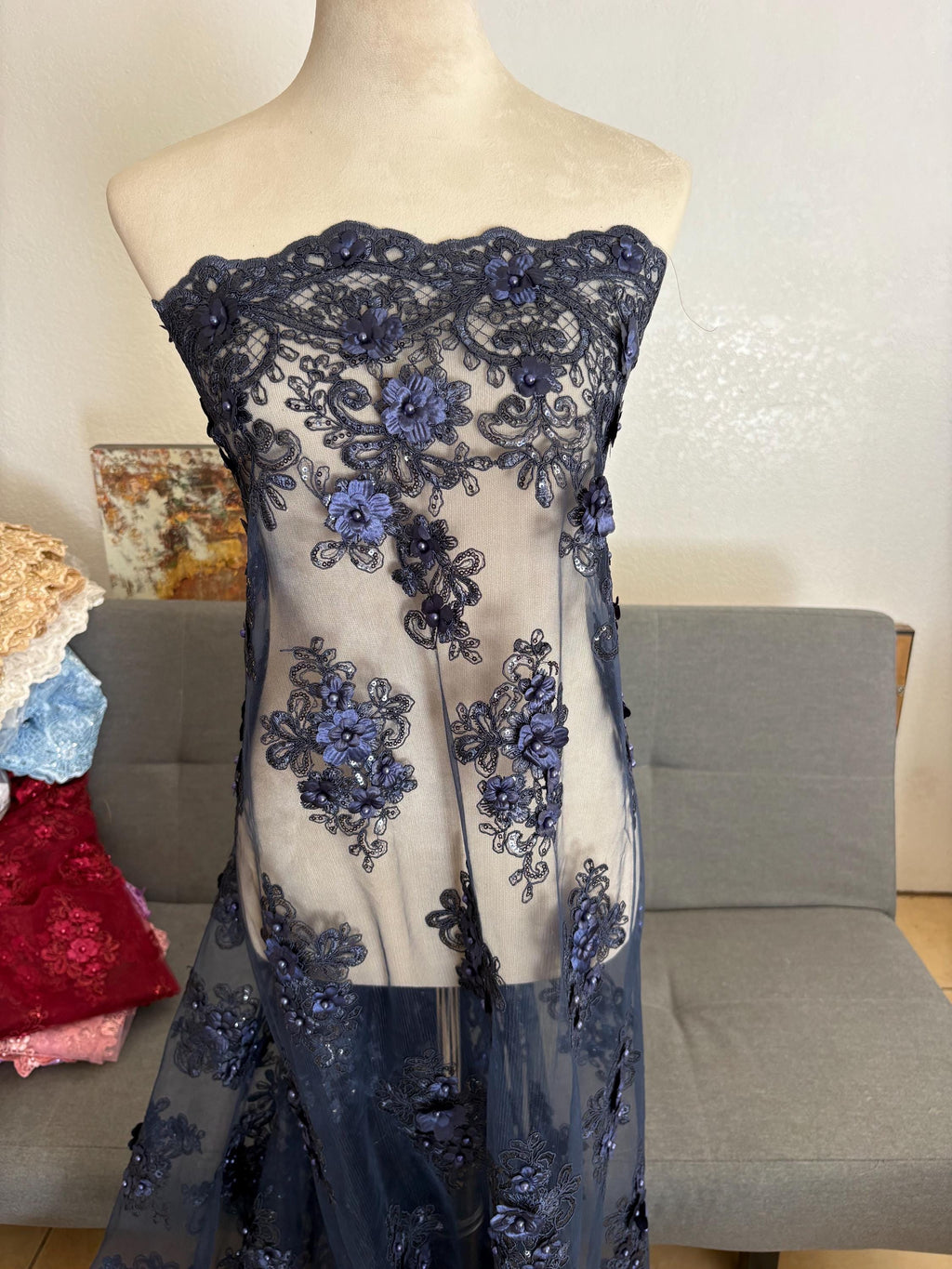 3D Bridal Lace fabric - Navy - 49" Width - Embridery sequince Double scalopped with Beads