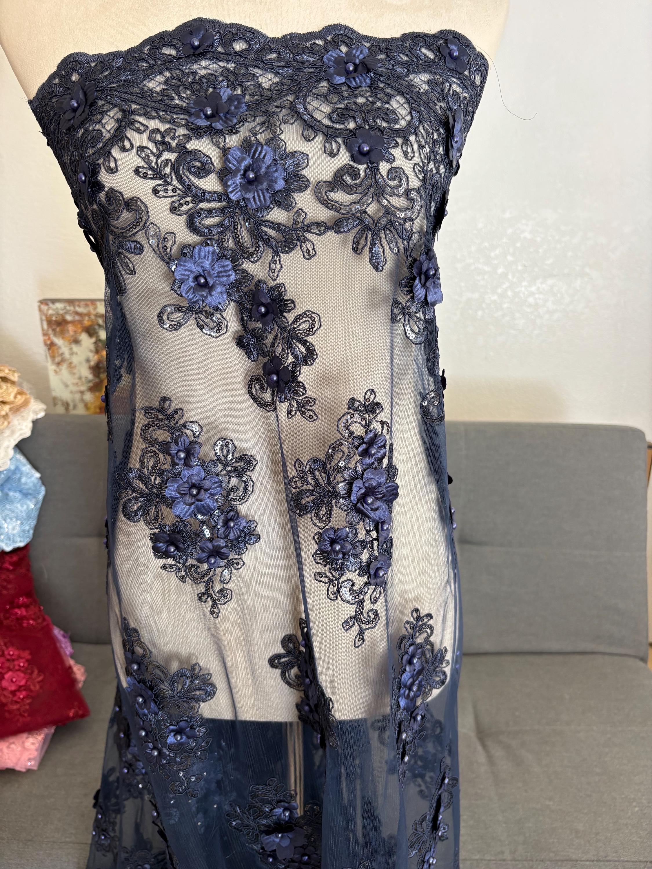3D Bridal Lace fabric - Navy - 49" Width - Embridery sequince Double scalopped with Beads